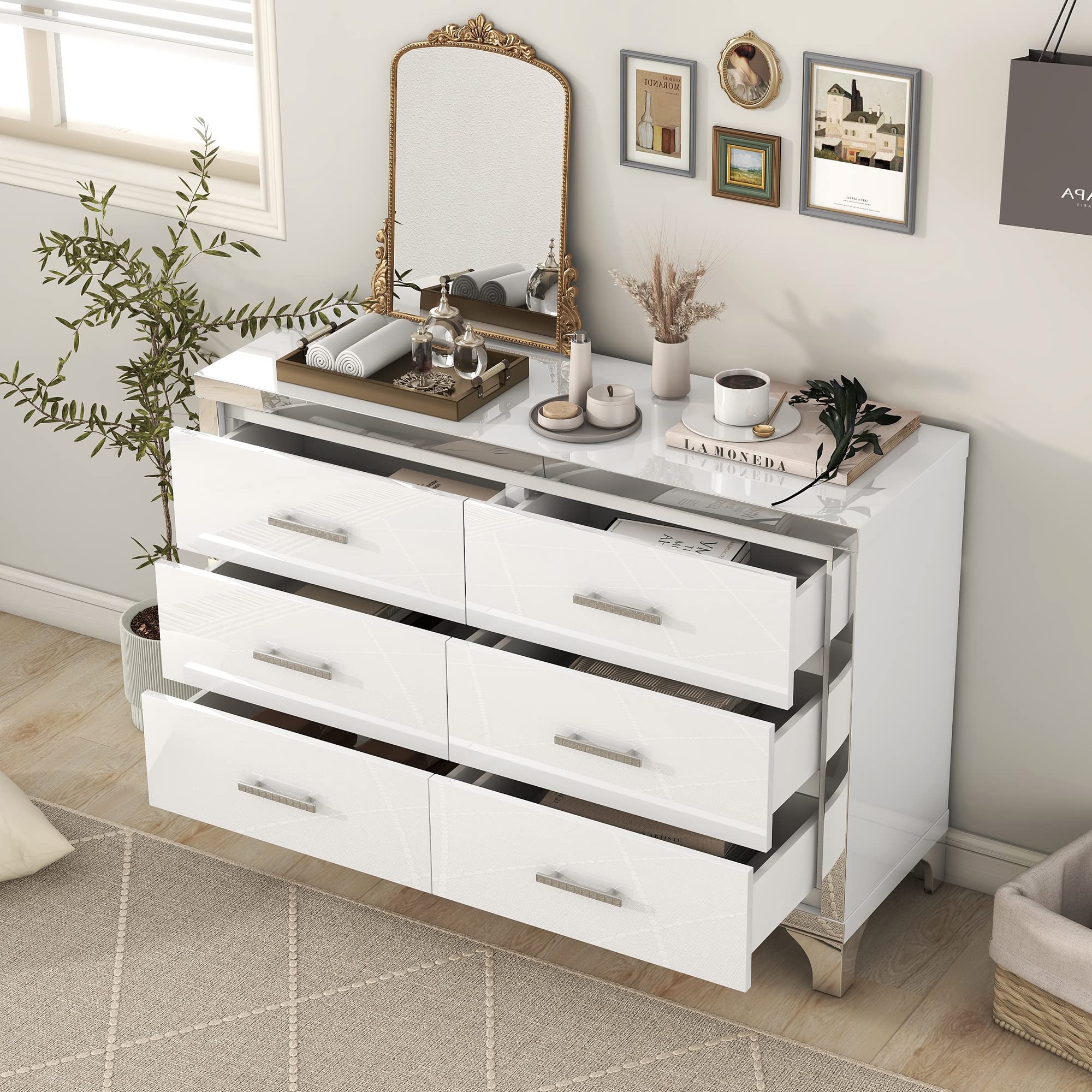 Flieks 4-Piece Queen Size Bedroom Set - Upholstered Bed with 3 Drawers, High Gloss Mirrored Nightstands & Dresser with Metal Handles & Legs in Beige | Modern Bedroom Furniture for Master Bedroom, Guest Room & Apartment Decor
