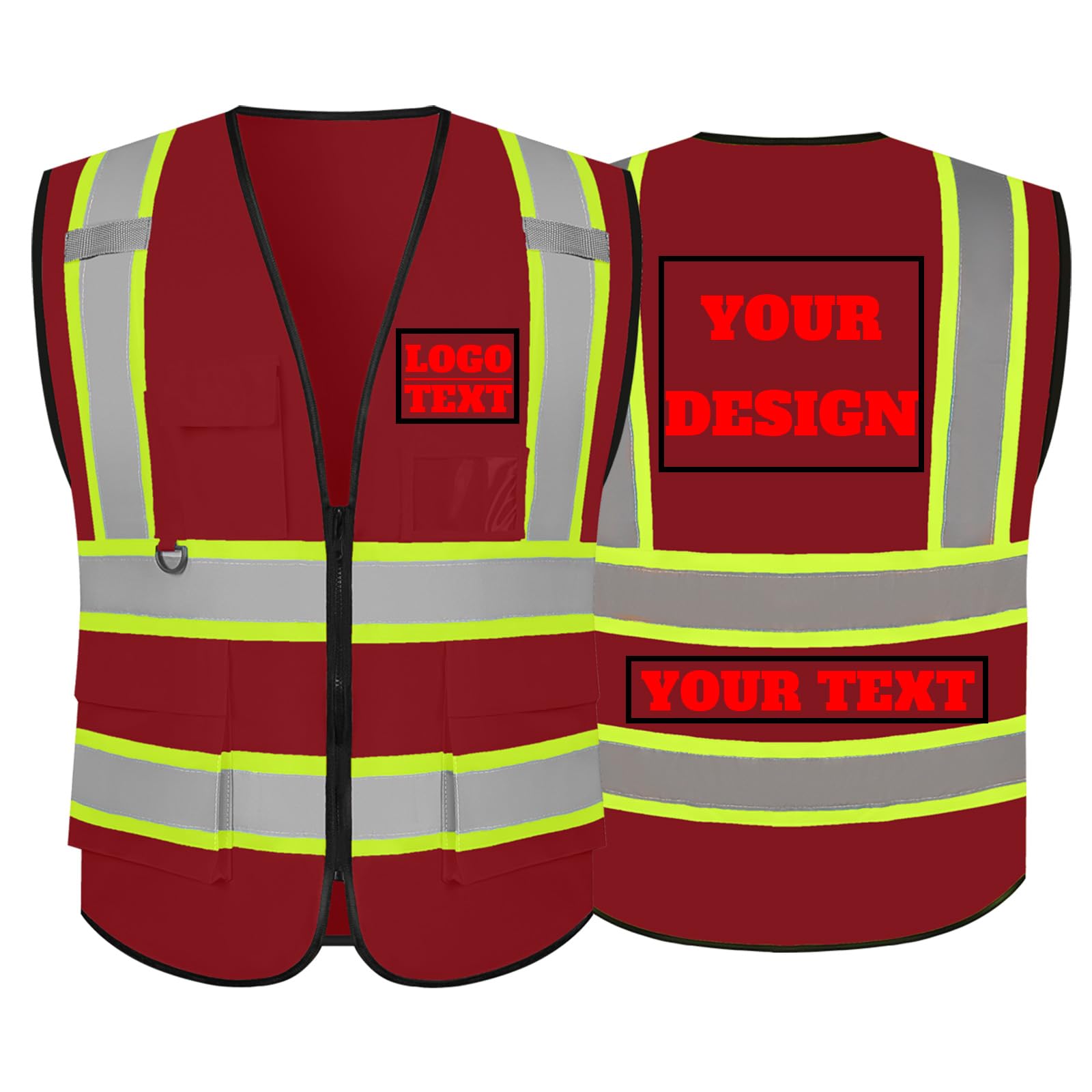 Custom Logo Class 2 Reflective High Visibility Safety Vest - 5 Pockets & Zipper - Red Small (1 Pack) - Ideal for Construction, Road Work & Emergency Responders
