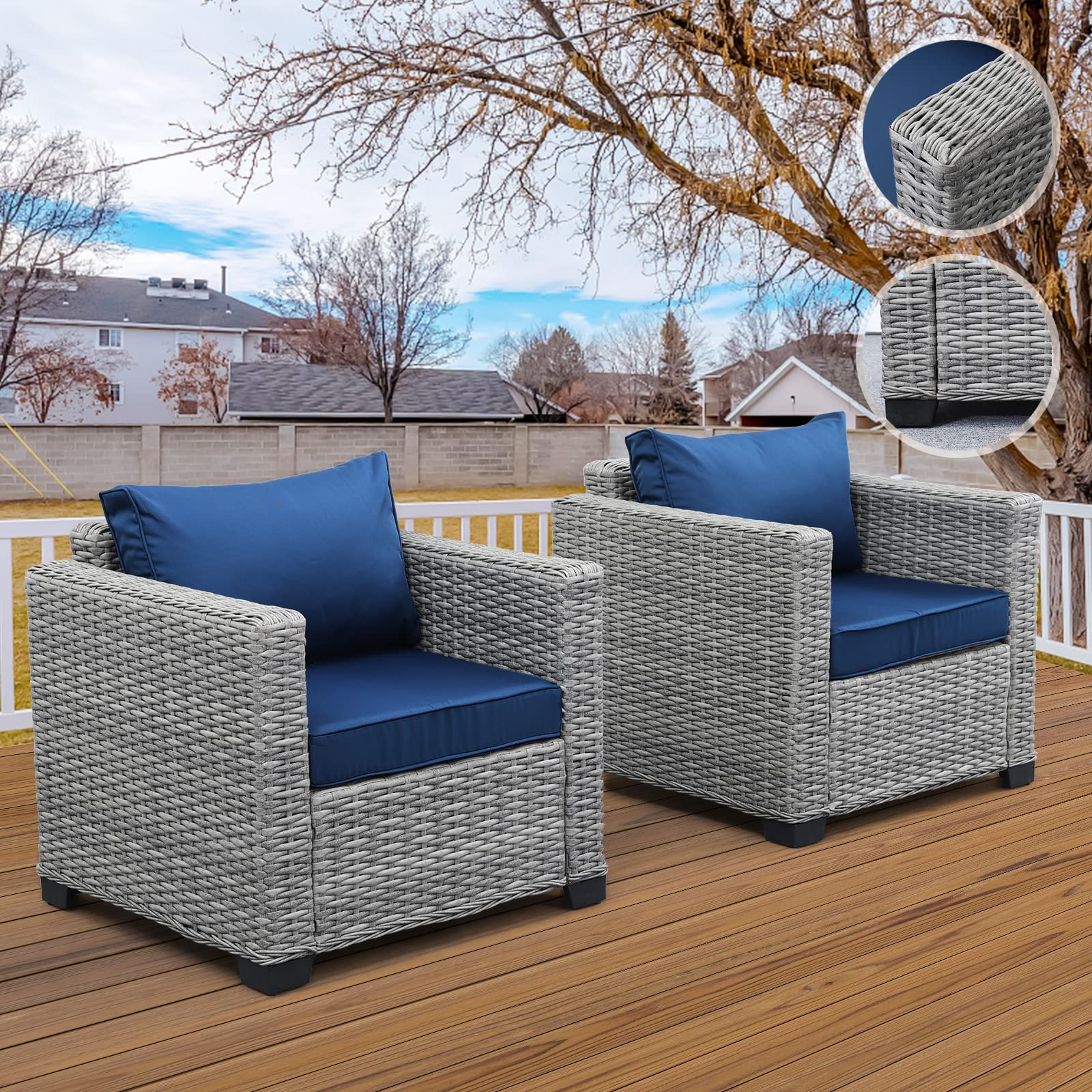 2-Piece Outdoor Patio Sofa Set - Waterproof & Anti-Slip Navy Blue Club Chairs with Cushions - Perfect for Garden, Poolside & Backyard Relaxation