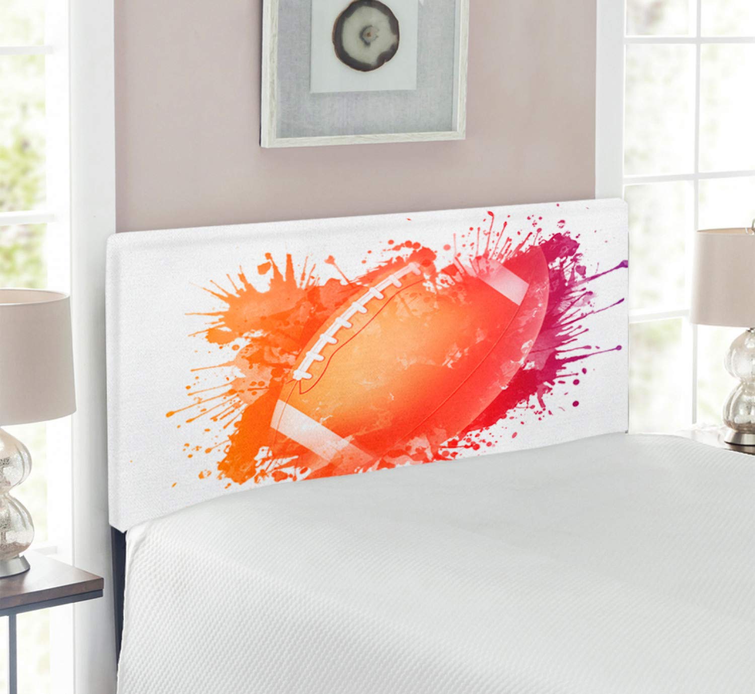 Ambesonne Sports Headboard - Rugby Ball Digital Watercolor Design, Upholstered Metal Bed Frame with Memory Foam, Twin Size in Orange Red - Perfect for Sports Themed Bedrooms, Game Rooms & Dorm Decor