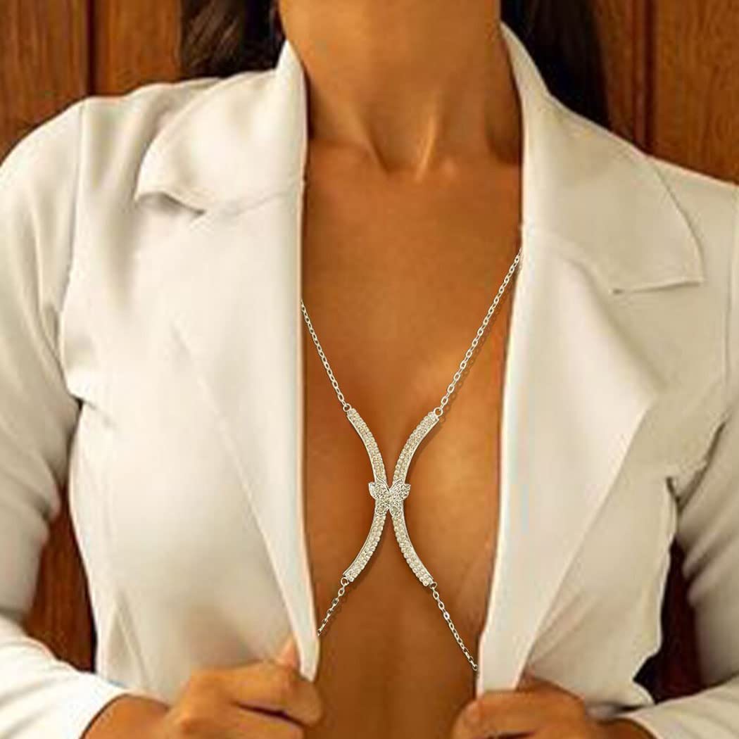 Sparkling Rhinestone Body Chains for Women - Silver Bikini Chest Jewelry, Crystal Bra Chain Accessories for Parties, Beach & Festivals | Perfect for Bachelorette, Music Festivals & Nightclub Outfits