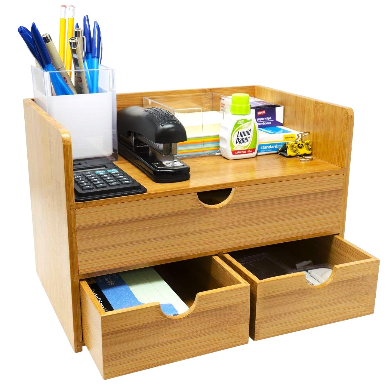 Sorbus 3-Tier Bamboo Desk Organizer with Drawers & Shelf - 100% Natural Bamboo Desktop Storage Box for Office, Makeup Vanity & Countertop Organization - Perfect for Pens, Cosmetics & Small Accessories - Fully Assembled
