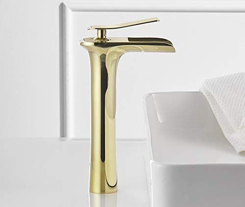 Golden Single Handle Waterfall Bathroom Vessel Sink Faucet - Modern Bathroom Vanity Upgrade for Spa-Like Luxury Experience