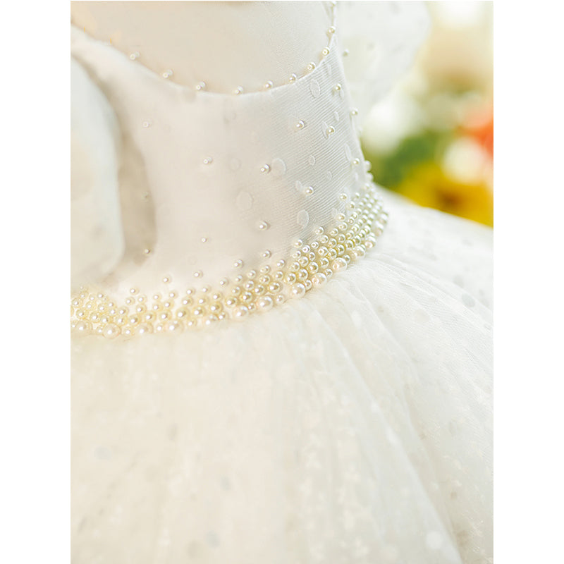 Sparkling White Sequin Tulle Princess Flower Girl Dress with Beaded Bow - Perfect for Weddings, Pageants & Special Occasions