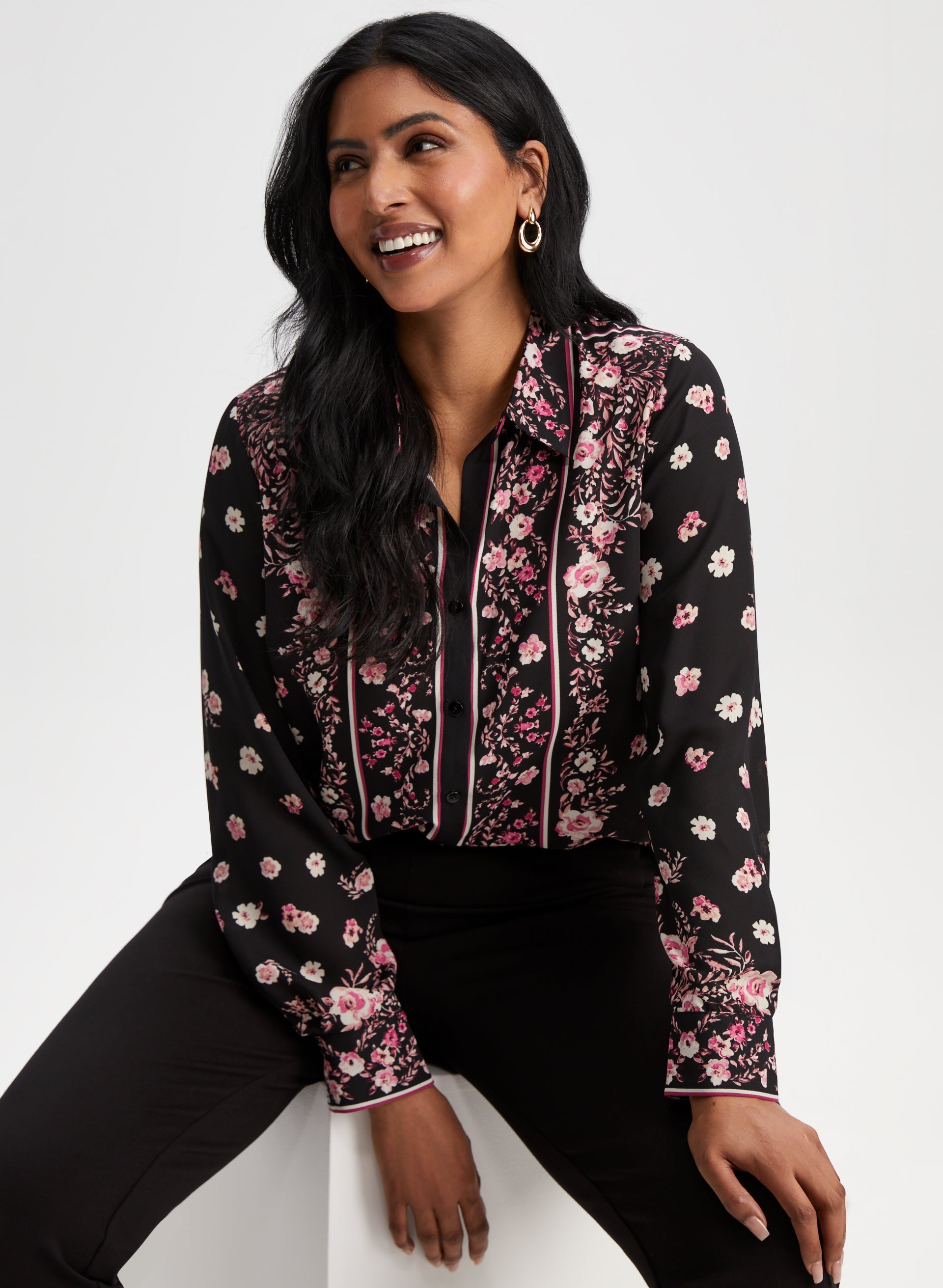 Elegant Floral Border Print Blouse for Women - Stylish Flowy Tops for Casual Wear, Office & Date Night Outfits