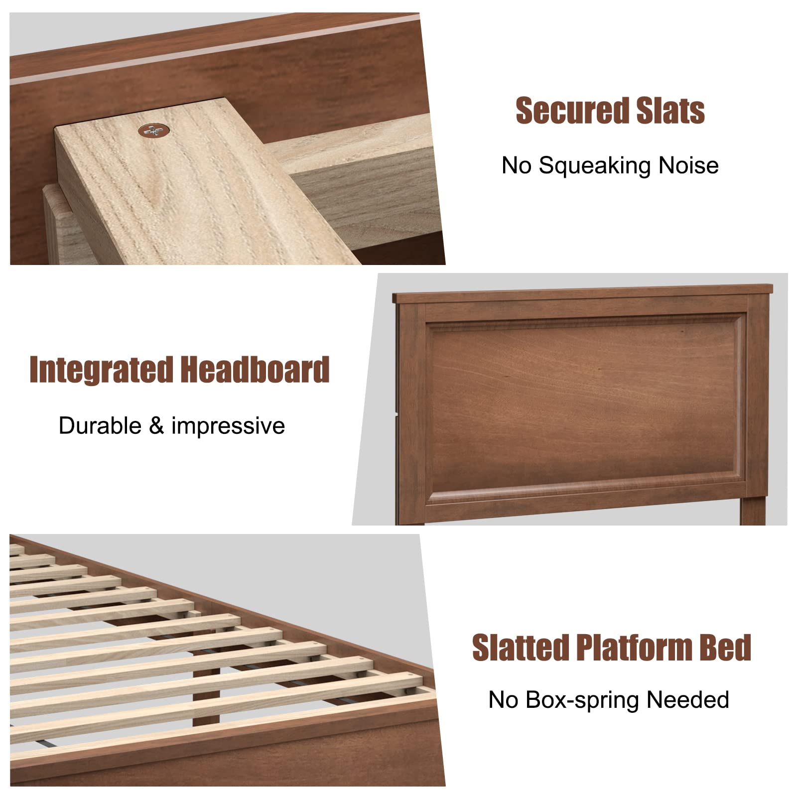 KOMFOTT Twin Size Wood Platform Bed Frame with Headboard - Mid Century Modern Walnut Bed with Slat Support & Under Bed Storage - No Box Spring Needed - Perfect for Small Bedrooms, Guest Rooms & Dorm Rooms