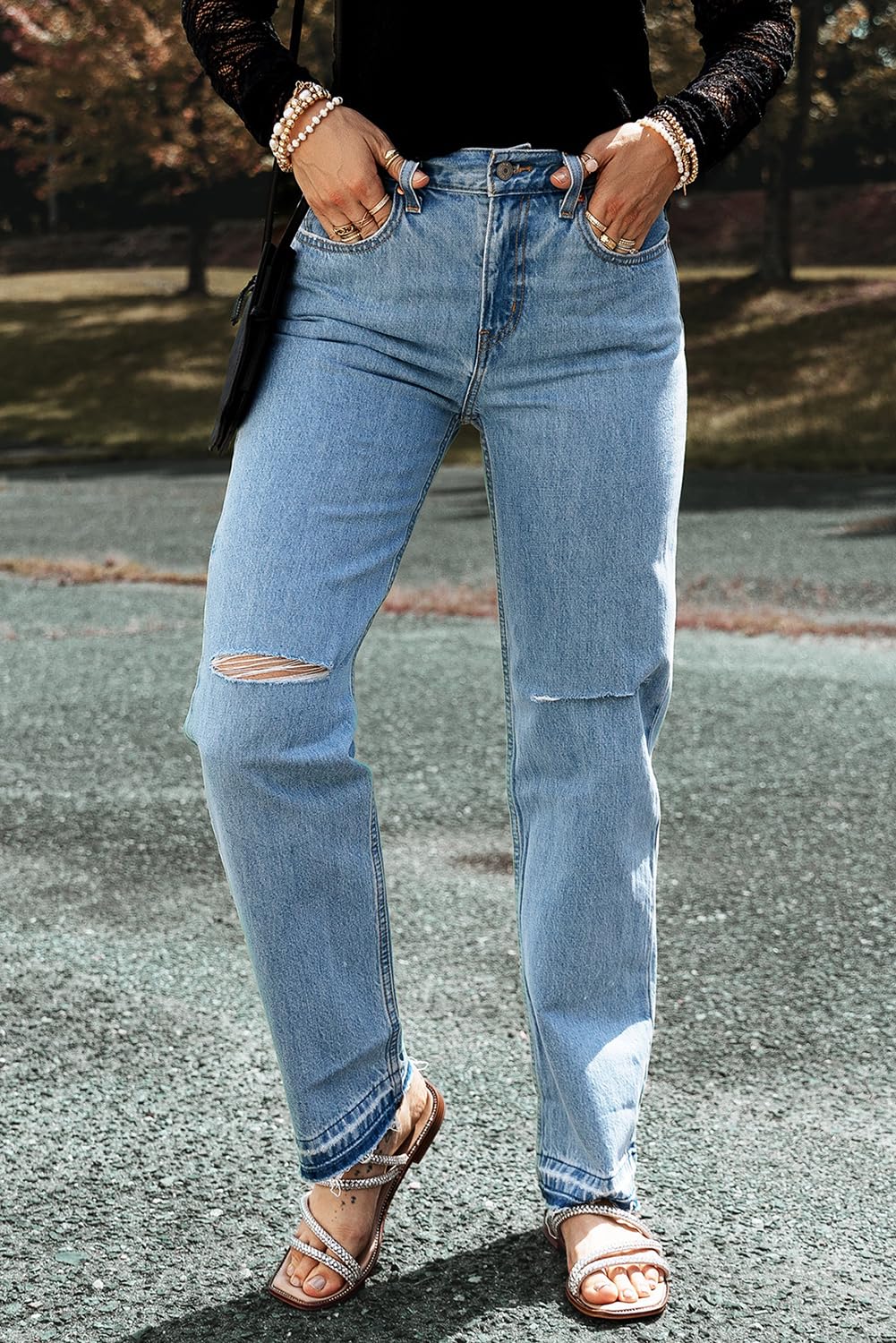 SELINK Women's High Waisted Distressed Straight Jeans with Slit Leg & Raw Edge - Casual Flare Denim Pants for Everyday Wear, Office, and Night Out