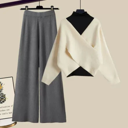 Women's Fall Winter Warm Knit Three Piece Set - Elegant V Neck Sweater, Basic Top & Wide Leg Knitted Pants Outfit for Office Ladies | Cozy Workwear & Casual Winter Fashion