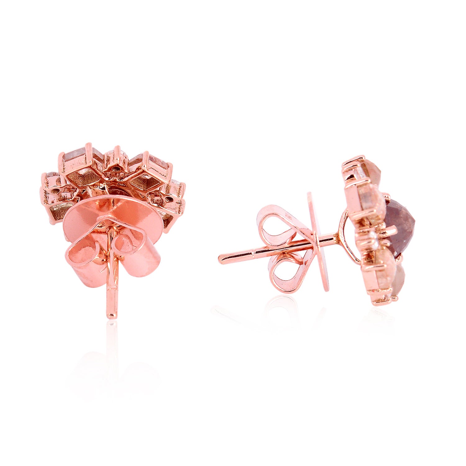 18K Rose Gold Princess Cut Diamond Stud Earrings for Women - Sparkling Round Ice Diamond Earrings for Wedding, Anniversary & Special Occasions