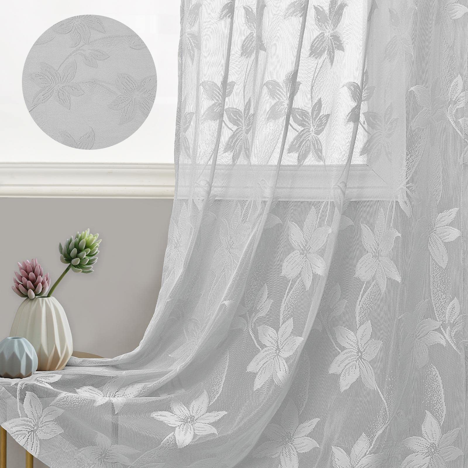DWCN Grey Floral Lace Sheer Curtains - Rod Pocket Window Voile Sheer Drapes for Bedroom & Kitchen, 52 x 45 Inch Short Curtains Set of 2 Panels - Elegant Home Decor for Living Room, Nursery & Dorm