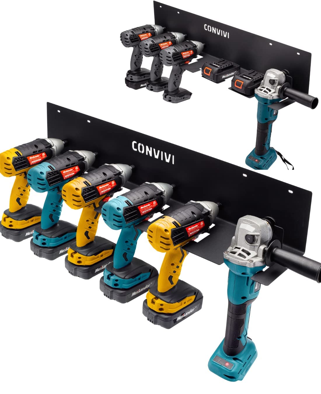 CONVIVI Design Heavy-Duty Power Tool Holder - Wall Mount Organizer for 6 Drills & Cordless Tools (Black) - Garage Storage Rack with Easy Installation - Perfect for Workshop, DIY Projects & Home Improvement