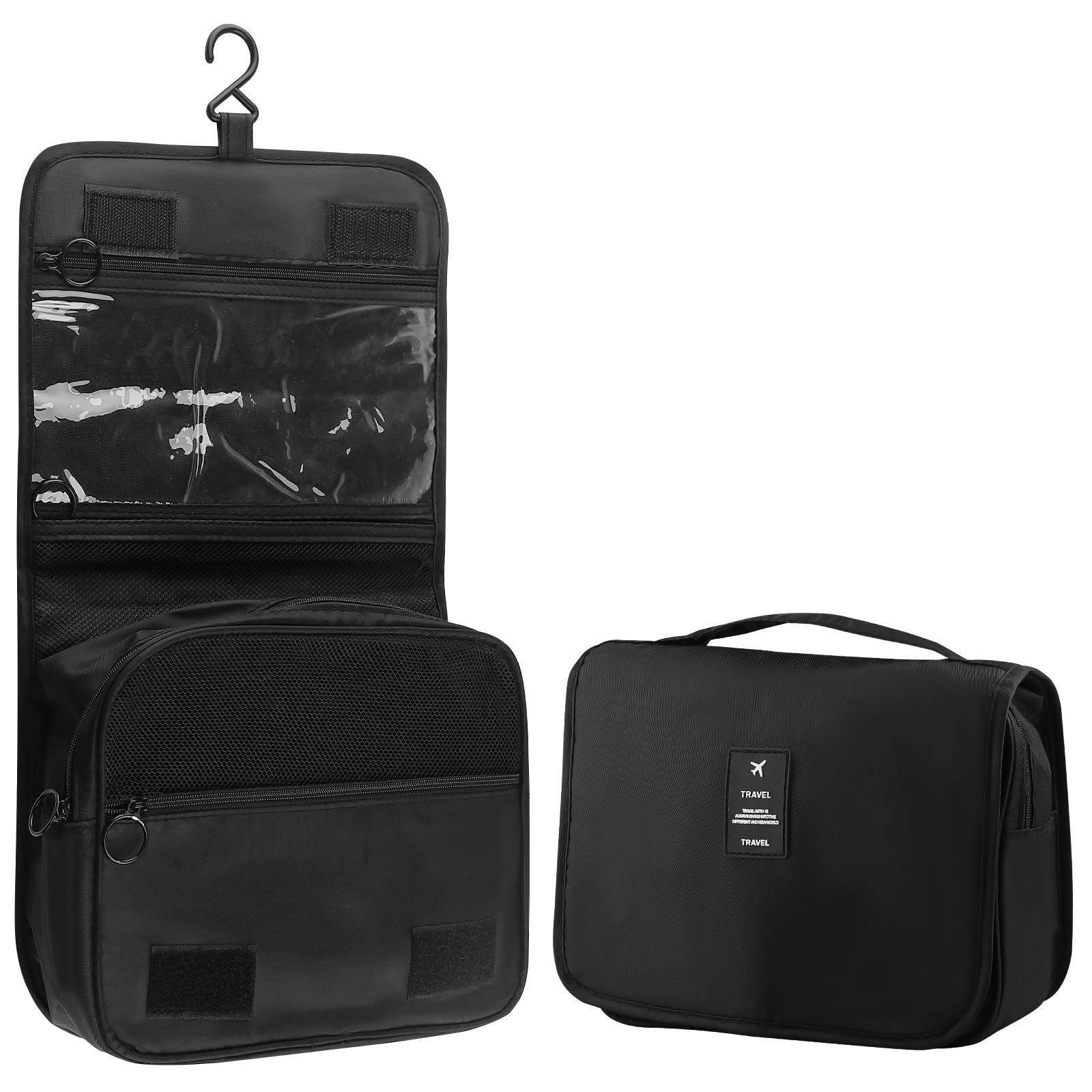 Foldable Hanging Travel Toiletry Bag - Waterproof Portable Cosmetic Organizer with Hook for Makeup, Shampoo & Toiletries - Perfect for Camping, Business Trips & Vacation (Black)