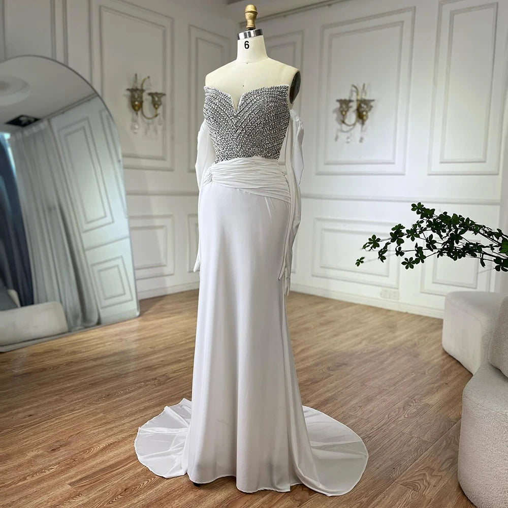 Elegant White Arabic Evening Gown with Crystal Beading - Luxury Dubai Formal Dress with Gloves for Weddings, Galas & Special Occasions LA72758