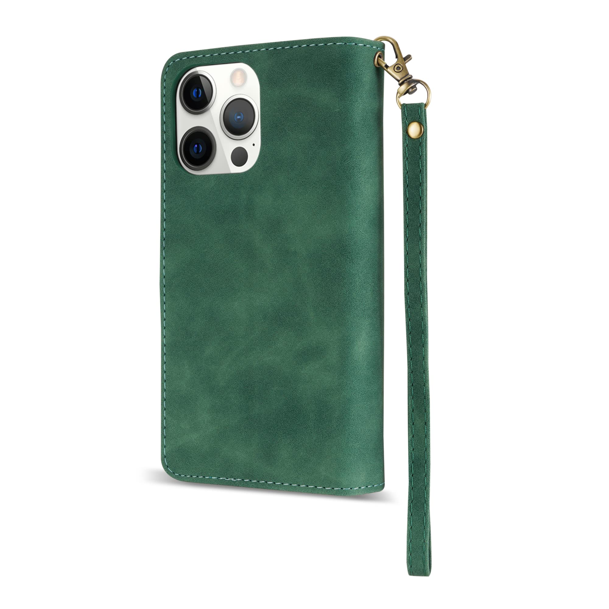 Premium Soft PU Leather Zipper Flip Folio Wallet Case for iPhone 12 Pro Max (6.7 inch) - Card Slots, Wrist Strap & Kickstand | Slim Protective Cover for Daily Use, Travel & Business (Green)