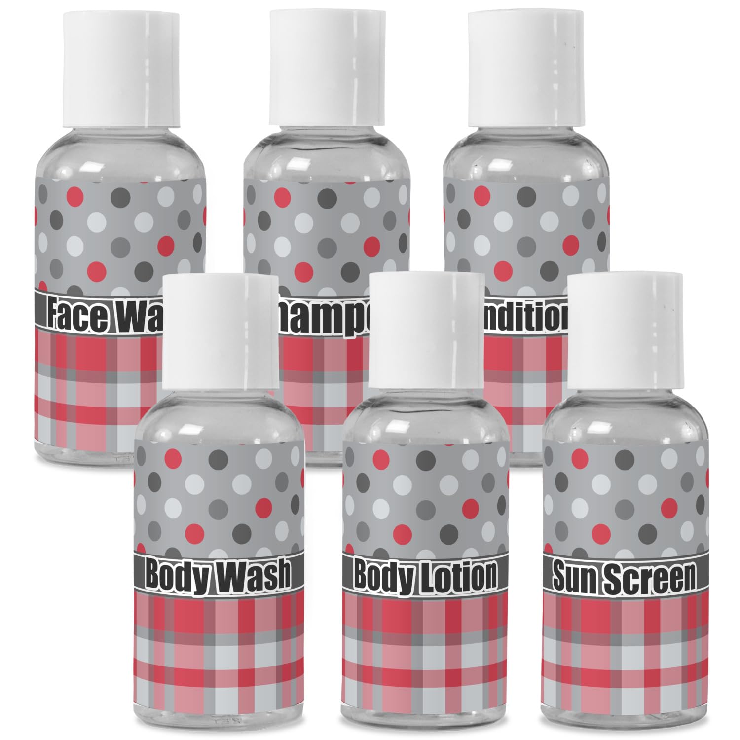 Custom Personalized Red & Gray Dots Plaid Travel Bottles Set - Leak Proof Toiletry Containers for Shampoo, Lotion & Cosmetics - Perfect for Air Travel, Gym & Vacation Essentials