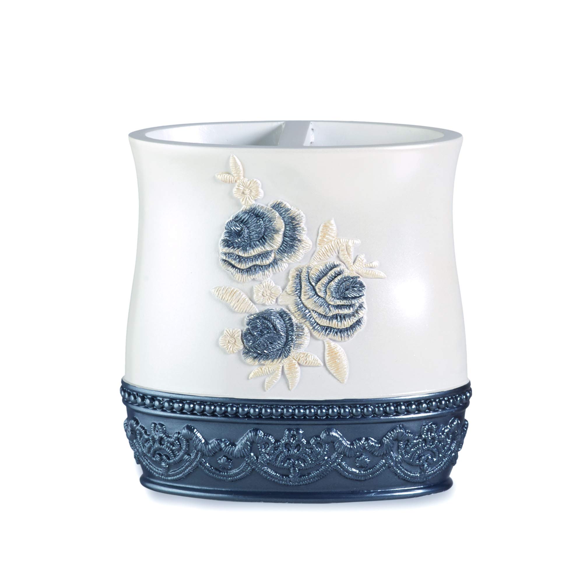 Premium Bath Blossom Rose Toothbrush Holder in Blue - Elegant Bathroom Organizer for Countertop Storage | Perfect for Home, Hotel & Spa Decor