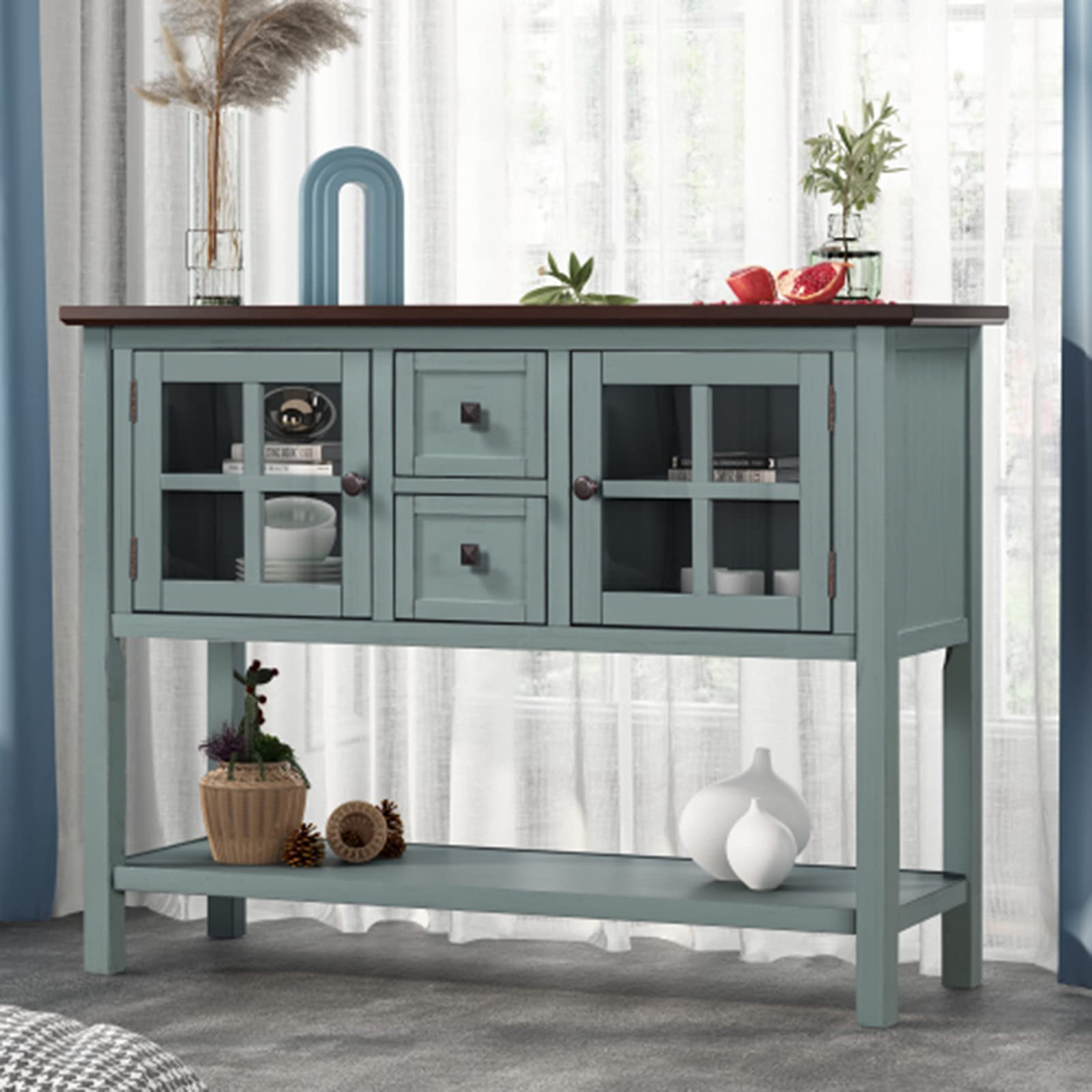 45'' Modern Sofa Table with 2 Drawers & 2 Cabinets - Entryway Console Table for Living Room, Bedroom, Hallway - Sturdy Storage Sideboard with Shelf - Easy Assembly Brown-Green Finish - Perfect for Small Space Organization & Home Decor