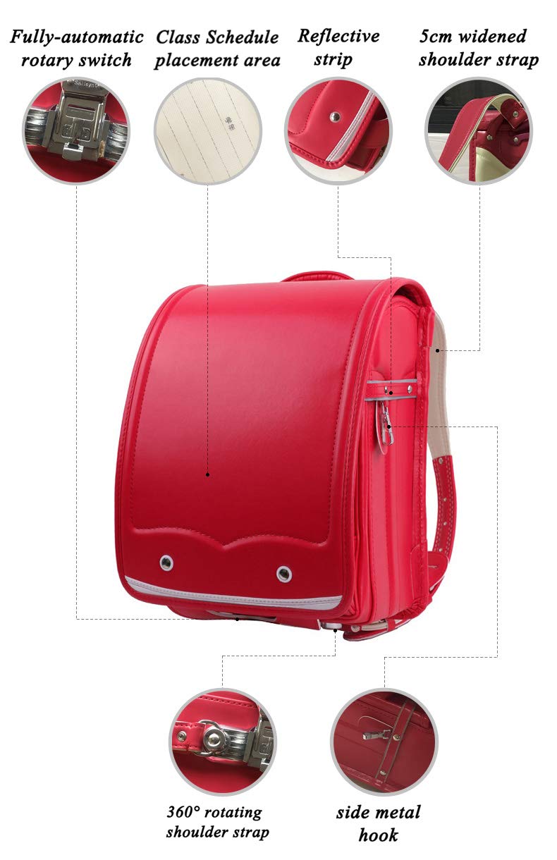 Japanese Randoseru Ransel Student Backpack - Lightweight PU Leather School Bag for Kids, Rose Red - Perfect Gift for Elementary Students, Daily Use & Travel