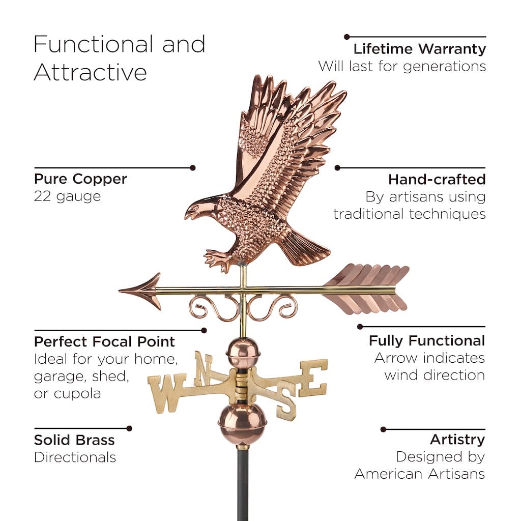 Pure Copper Majestic Eagle Weathervane for Outdoor Decor - Handcrafted Garden & Roof Top Decoration for Home, Farmhouse, or Cottage