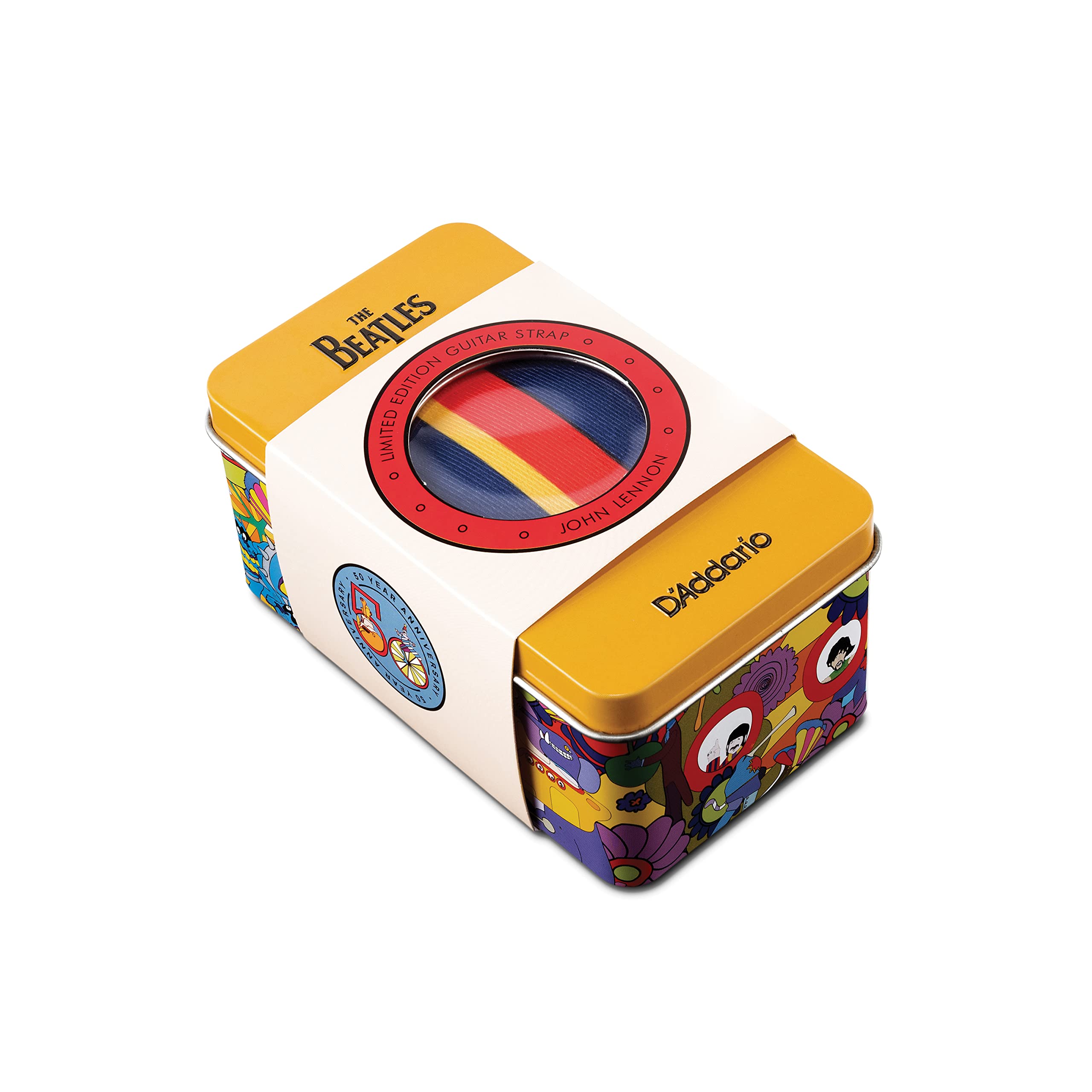 D'Addario Beatles Guitar Strap - Electric, Acoustic & Bass Guitar Strap - Yellow Submarine 50th Anniversary Collectible Tin - John Lennon Inspired - Perfect for Concerts, Studio & Stage Performances