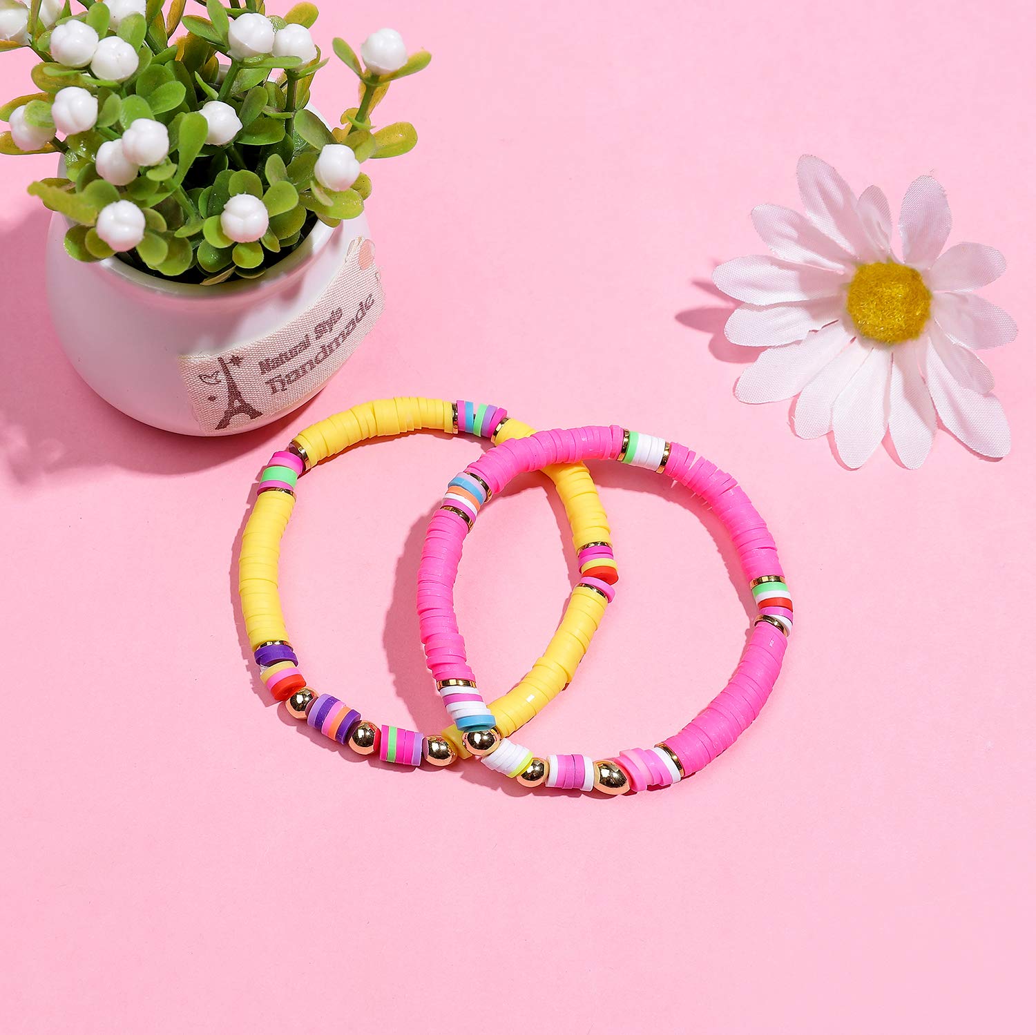 6PCS Handmade Colorful Sliced Clay Bracelets for Women - Stackable Rainbow Vinyl Disc Bead Stretch Bracelets Set - Plastic Summer Wristbands for Casual Wear, Beach Parties & Festival Accessories