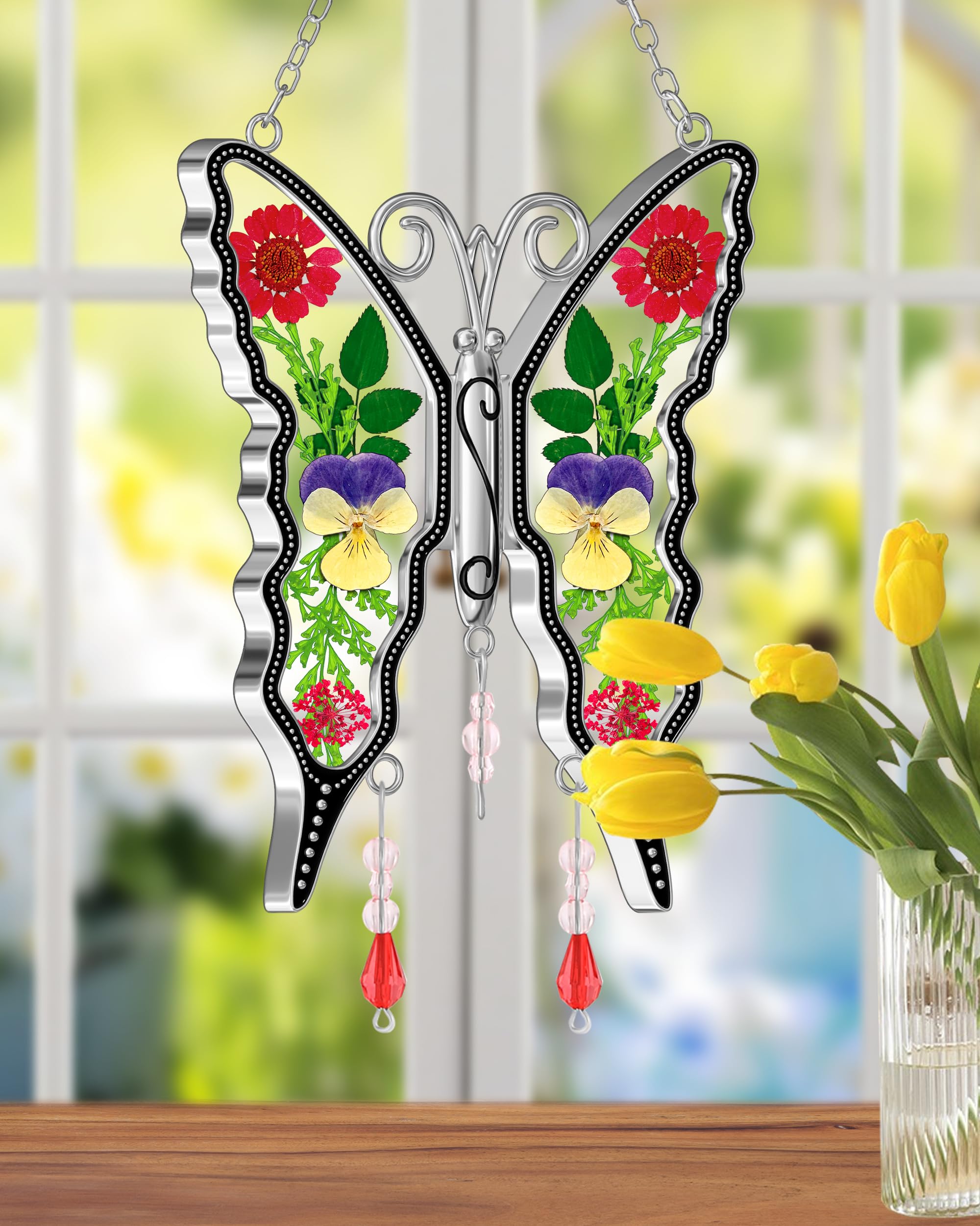 KY&BOSAM Butterfly Suncatcher Window Hanging - Pressed Flower Glass Ornament with Metal Engraving - DIY Gift for Mom, Mother's Day, Valentine's, Birthday, Thanksgiving & Christmas - Perfect for Home Decor, Garden Windows & Special Occasion Gifting