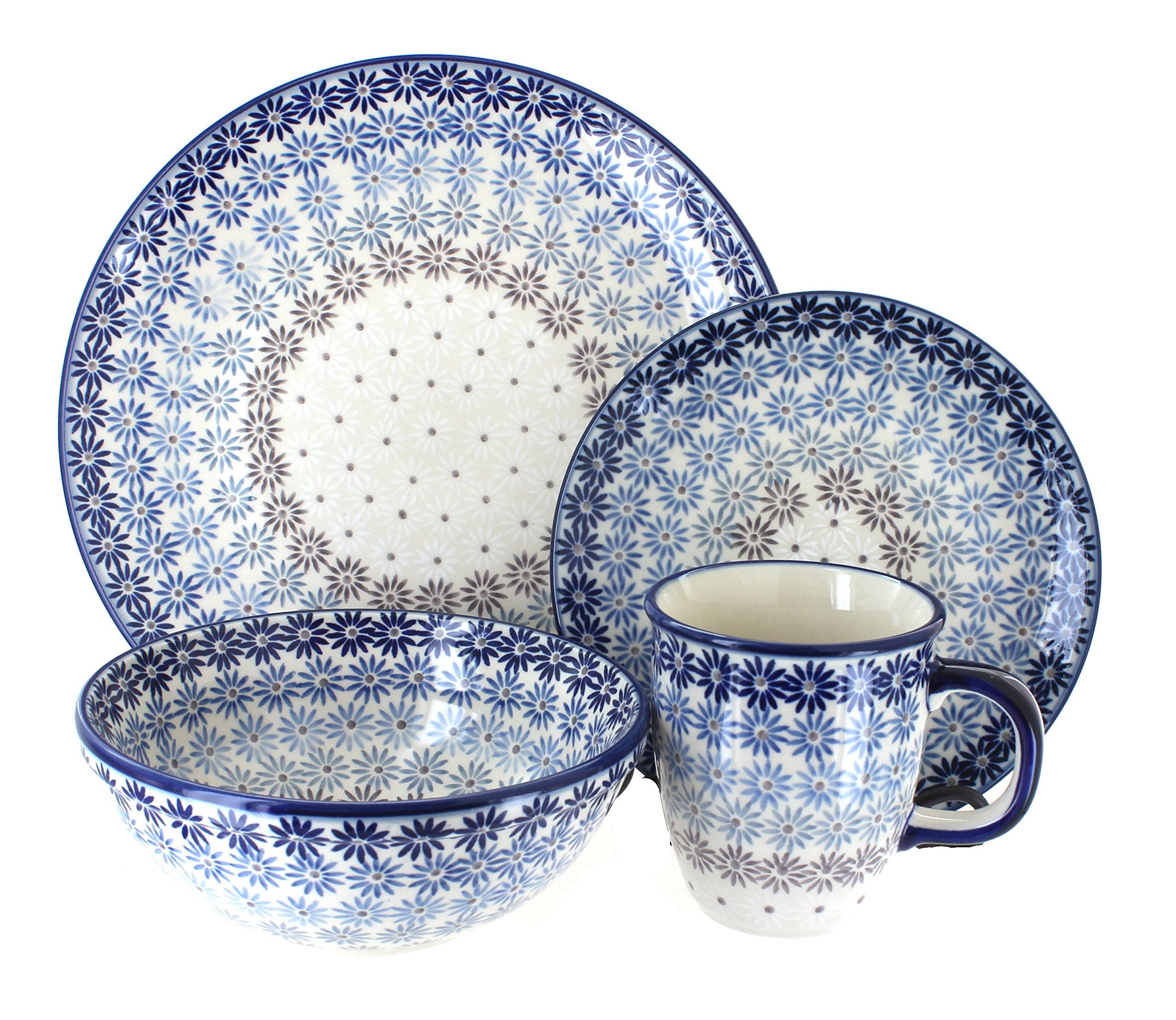 Blue Rose Polish Pottery 16-Piece Dinnerware Set - Elegant Floral Design for Dining, Entertaining & Special Occasions | Microwave & Dishwasher Safe