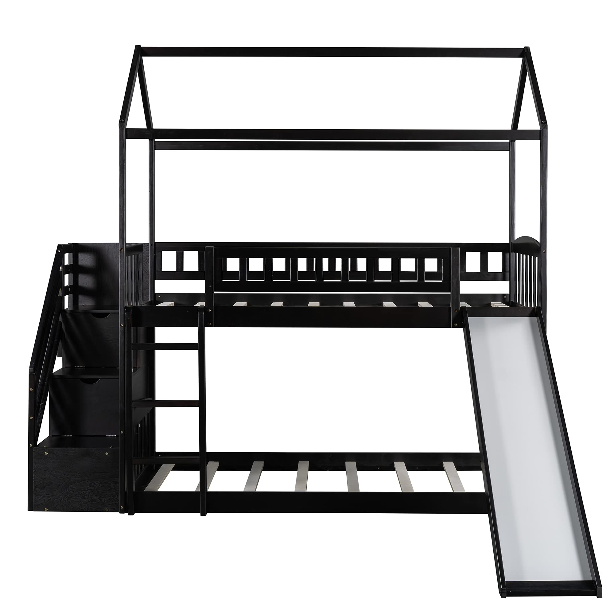 Twin Over Twin Wooden House Bunk Bed with Slide, 2 Drawers, Roof & Guardrails - Kids/Teens Bedroom Furniture, No Box Spring Needed (Espresso) - Perfect for Space-Saving Kids Rooms, Sleepovers & Play Areas