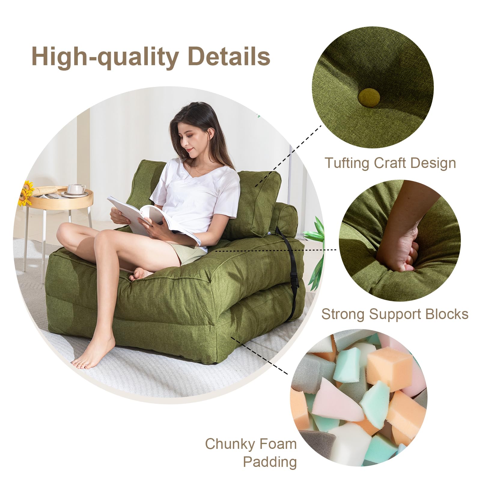 MAXYOYO Folding Couch Sofa Bed - Convertible Sleeper Chair with Back Support & Pillow, Green - Perfect for Small Spaces, Guest Rooms & Apartments