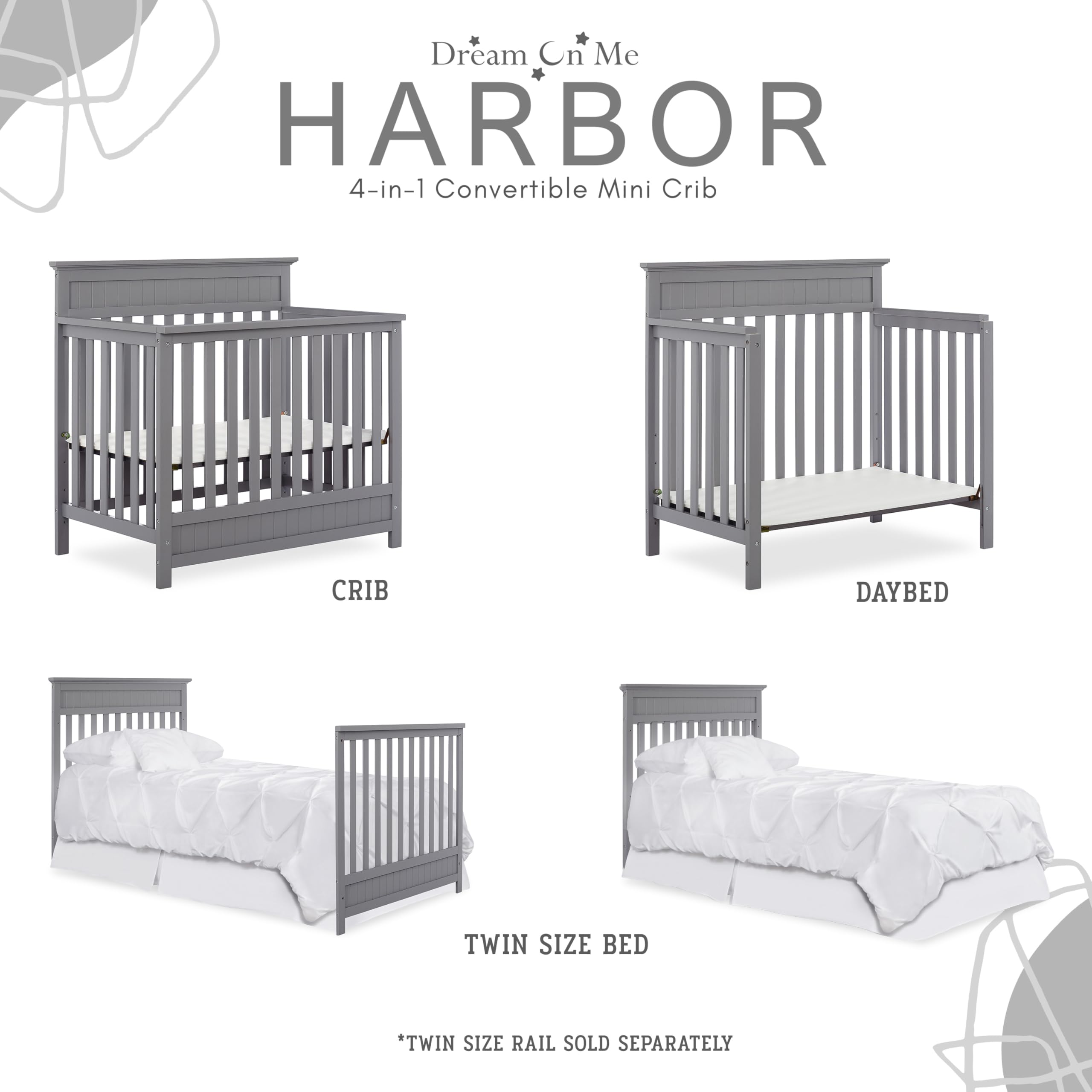 Dream On Me Harbor 4-in-1 Convertible Mini Crib - Storm Grey | GREENGUARD Gold Certified | Space-Saving Nursery Solution for Small Rooms & Apartments | Baby Bed Converts to Toddler Bed, Daybed & Full-Size Bed Frame