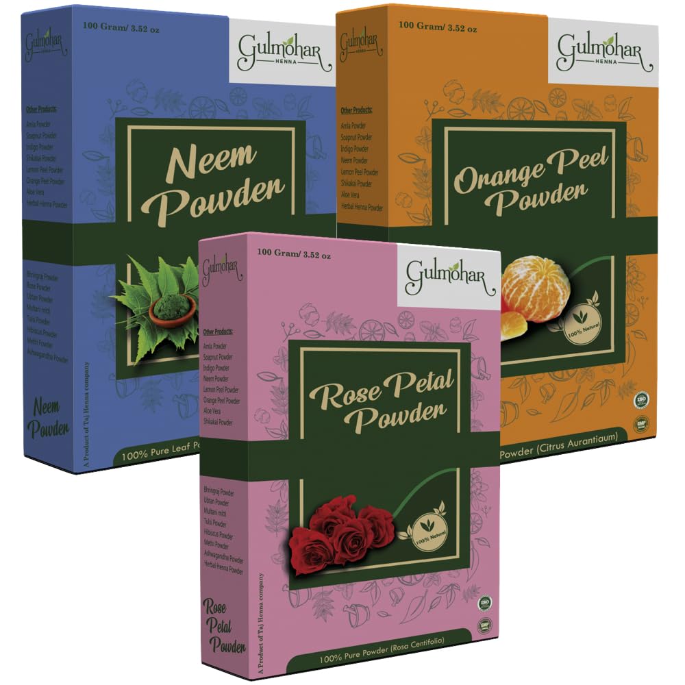 Gulmohar Rose Petal Powder, Orange Powder & Neem Powder Combo Face Pack for Glowing Skin - 100g Each | Organic Ayurvedic Skincare for Acne, Brightening & Anti-Aging | Perfect for DIY Facials & Spa Treatments at Home