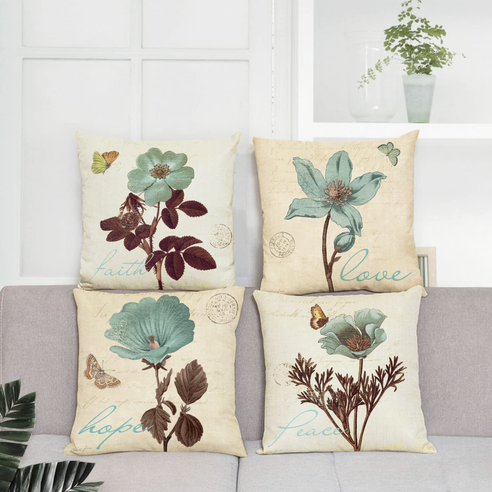 4-Pack Lotus Leaf Butterfly Floral Throw Pillow Covers - 26x26 Inch Cotton Linen Square Cushion Cases for Sofa, Bed, Car & Home Decor - Perfect for Living Room, Bedroom, Outdoor Patio and Interior Design