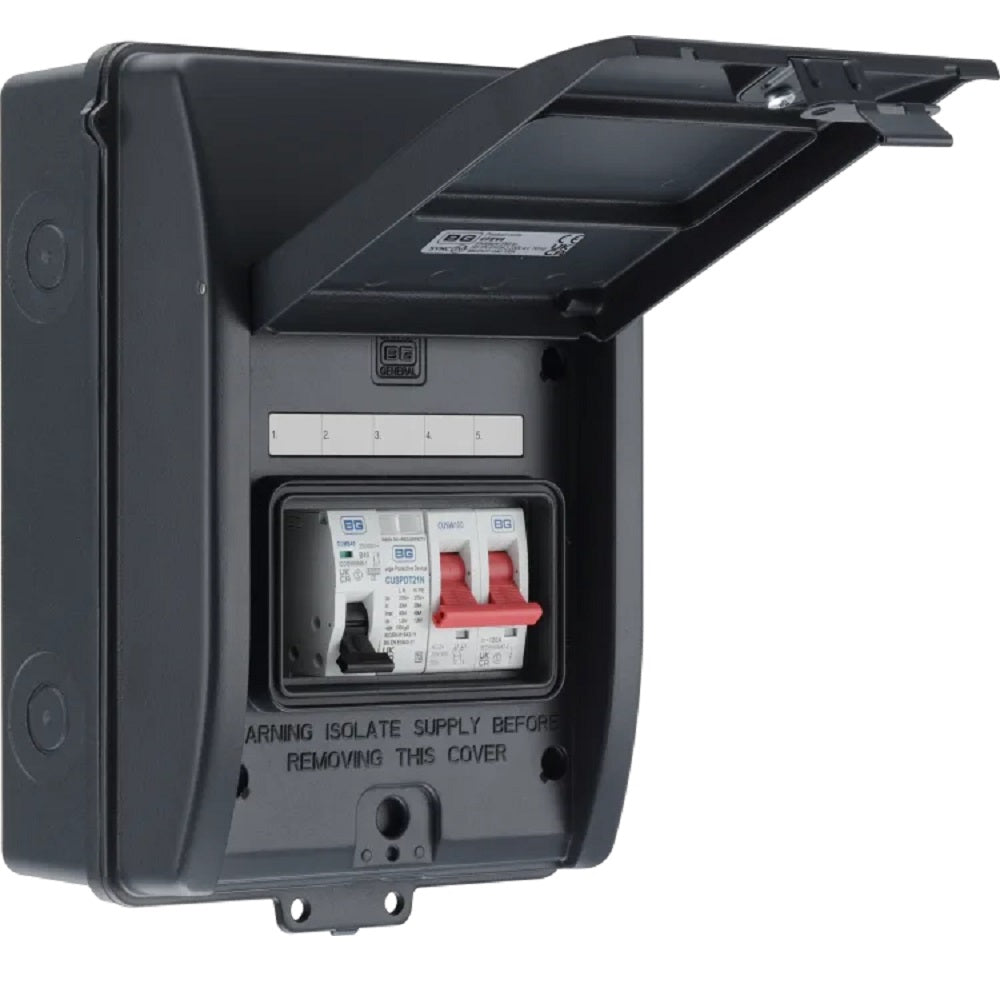 BG Fortress 5 Module Enclosure 100A Main Switch 40A MCB Type 2 SPD + 1 Spare Way Grey CFEV6 - Electrical Panel for Home & Commercial Power Distribution
