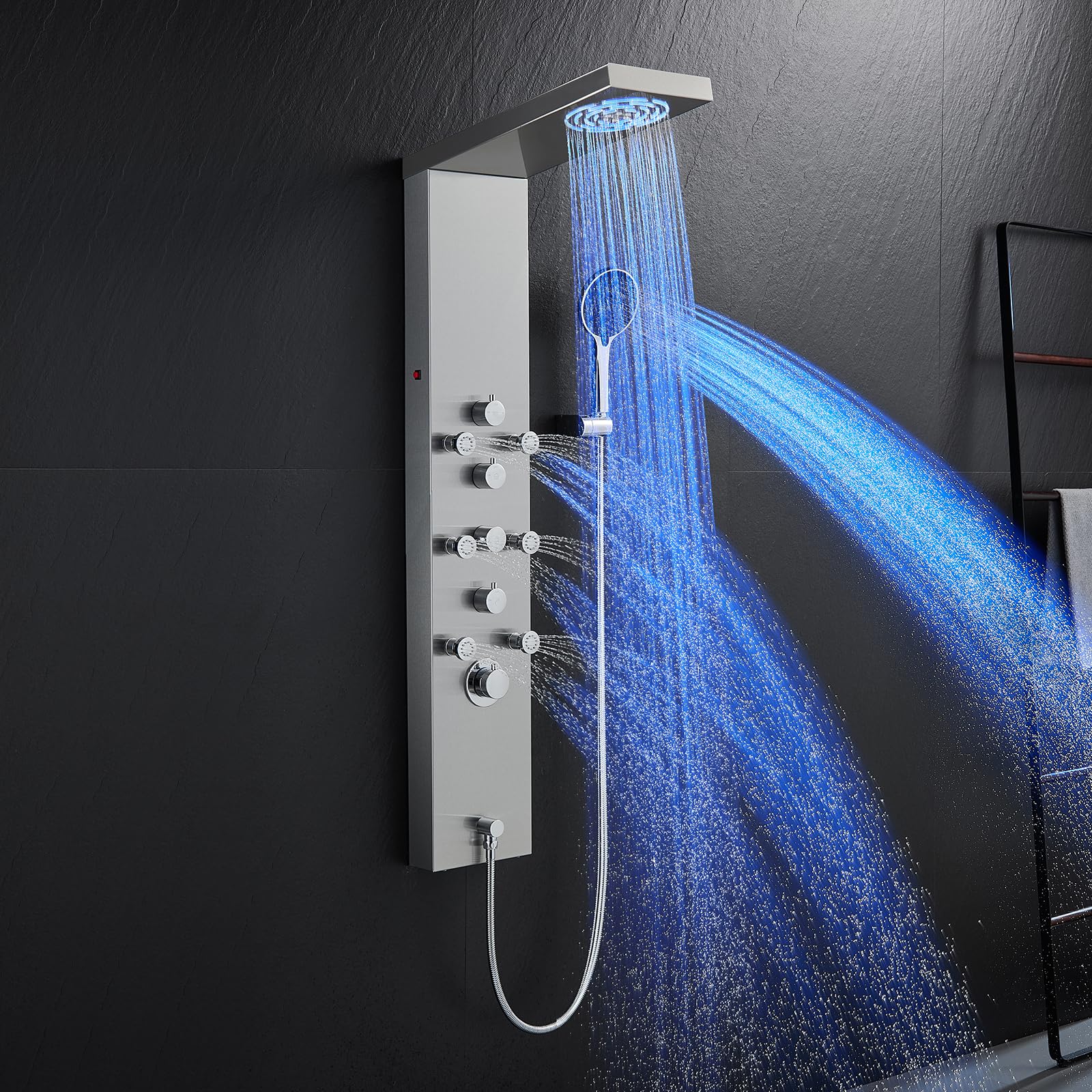 MENATT 4-in-1 LED Shower Panel Tower System with Rainfall Shower Head, Body Massage Jets, Handheld Shower & Tub Spout - Brushed Stainless Steel for Spa-Like Bathroom Experience