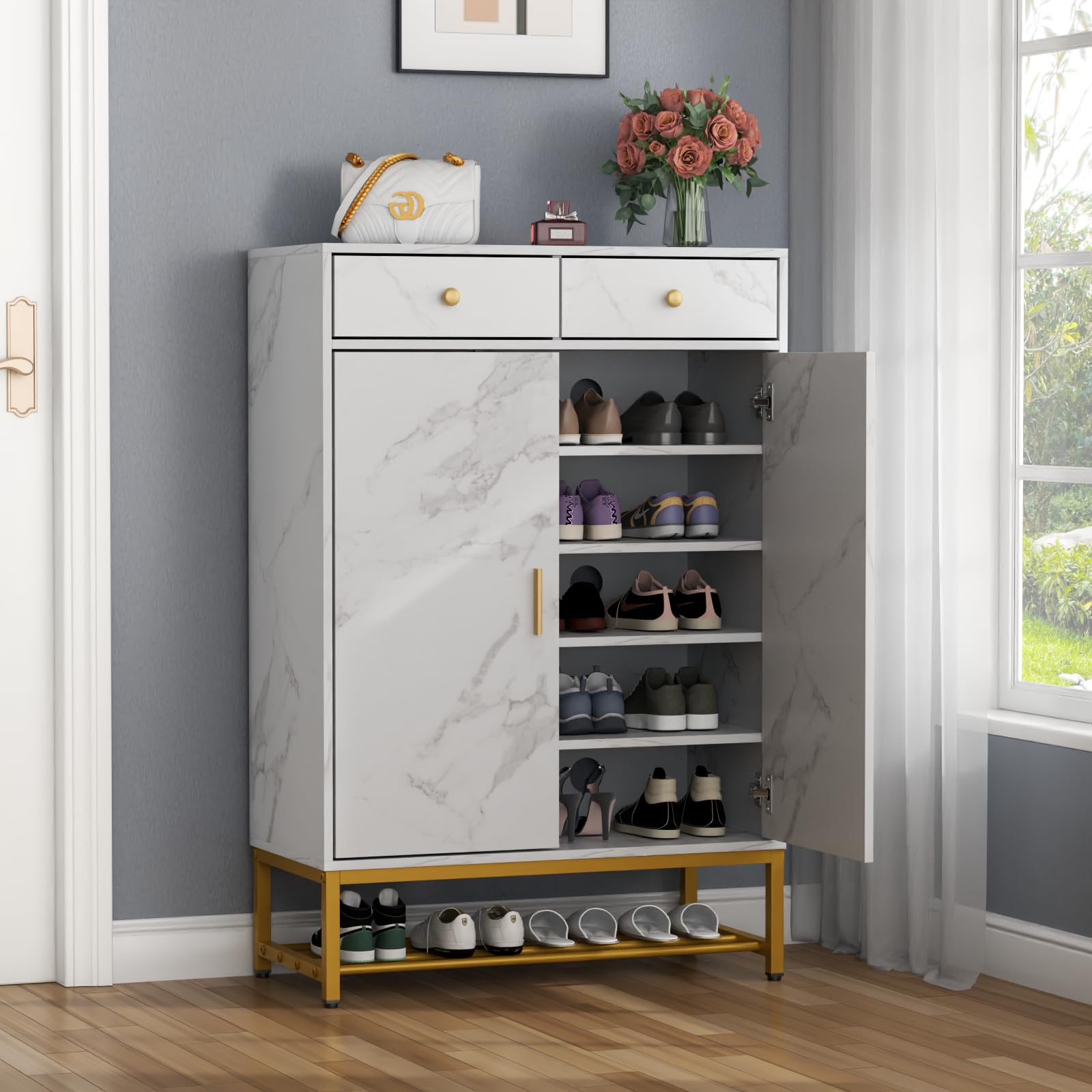 Auromie 6-Tier Shoe Storage Cabinet with Doors & Drawers - Adjustable Shelves Shoe Organizer Entryway Shoe Rack - Faux Marble Pattern for Hallway, Living Room, Bedroom, Closet - White (Perfect for Small Spaces & Home Organization)