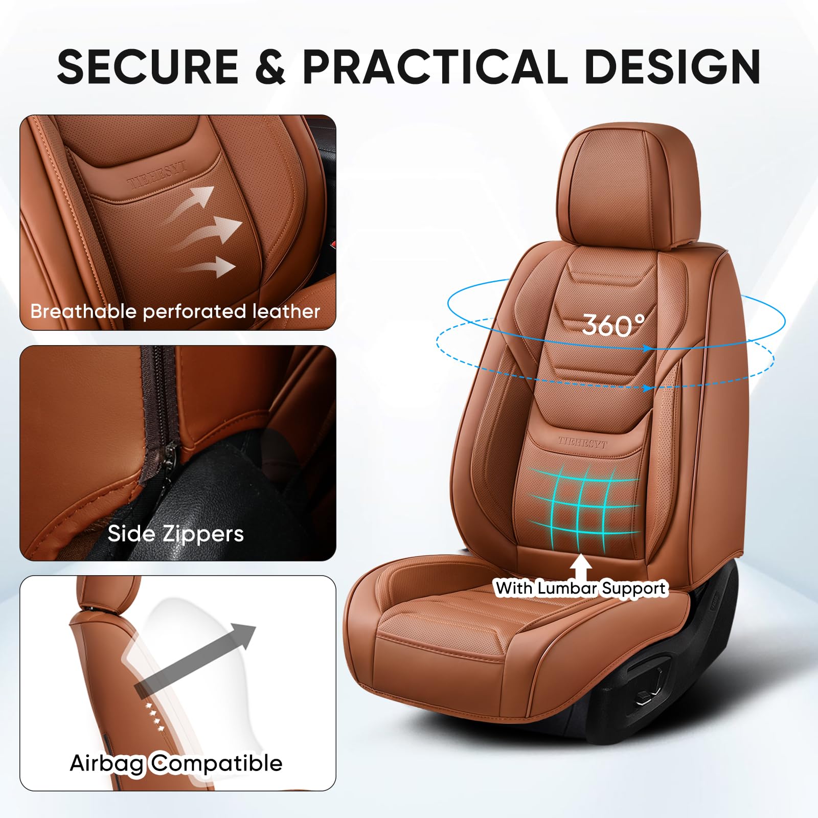 Premium Breathable Leather Car Seat Covers Full Set - Front & Rear Seats with Headrests | Universal Fit for Most Vehicles | Reduces Driving Fatigue | Perfect for Daily Commutes, Road Trips & Long Drives (Brown)