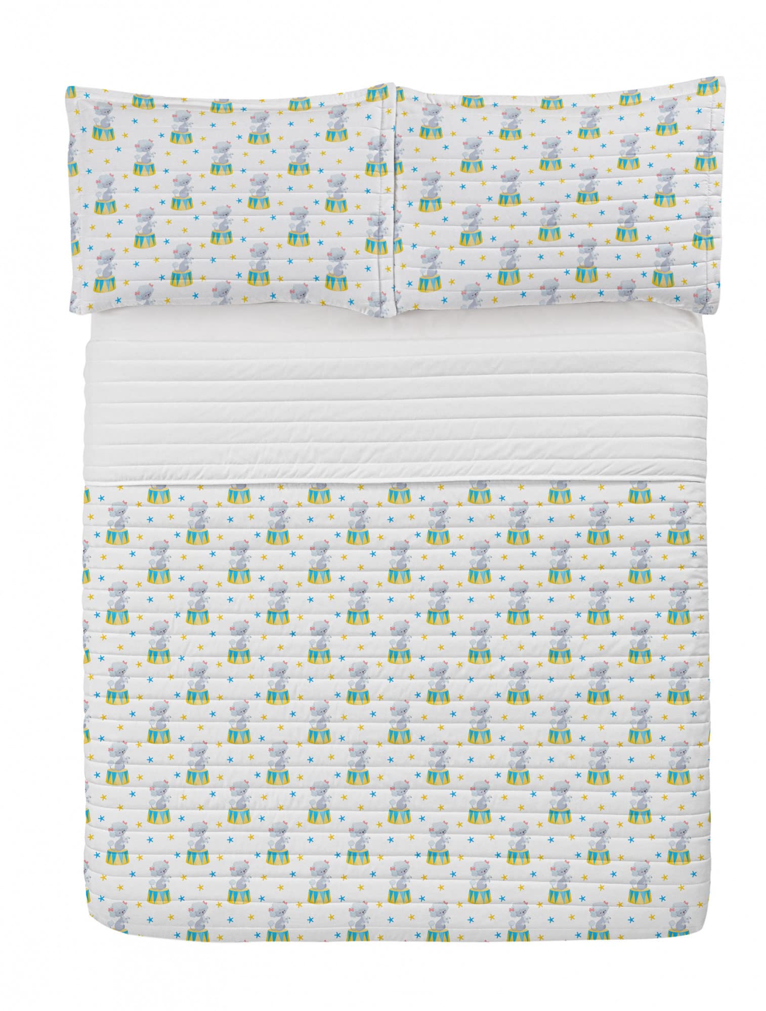 Ambesonne Circus Microfiber Bedspread Set - King Size Funny Trained Show Dog with Stars Cartoon Pattern, Soft Bedding Comforter & Pillow Shams in White Blue Yellow | Perfect for Kids' Rooms, Themed Bedrooms & Circus Lovers
