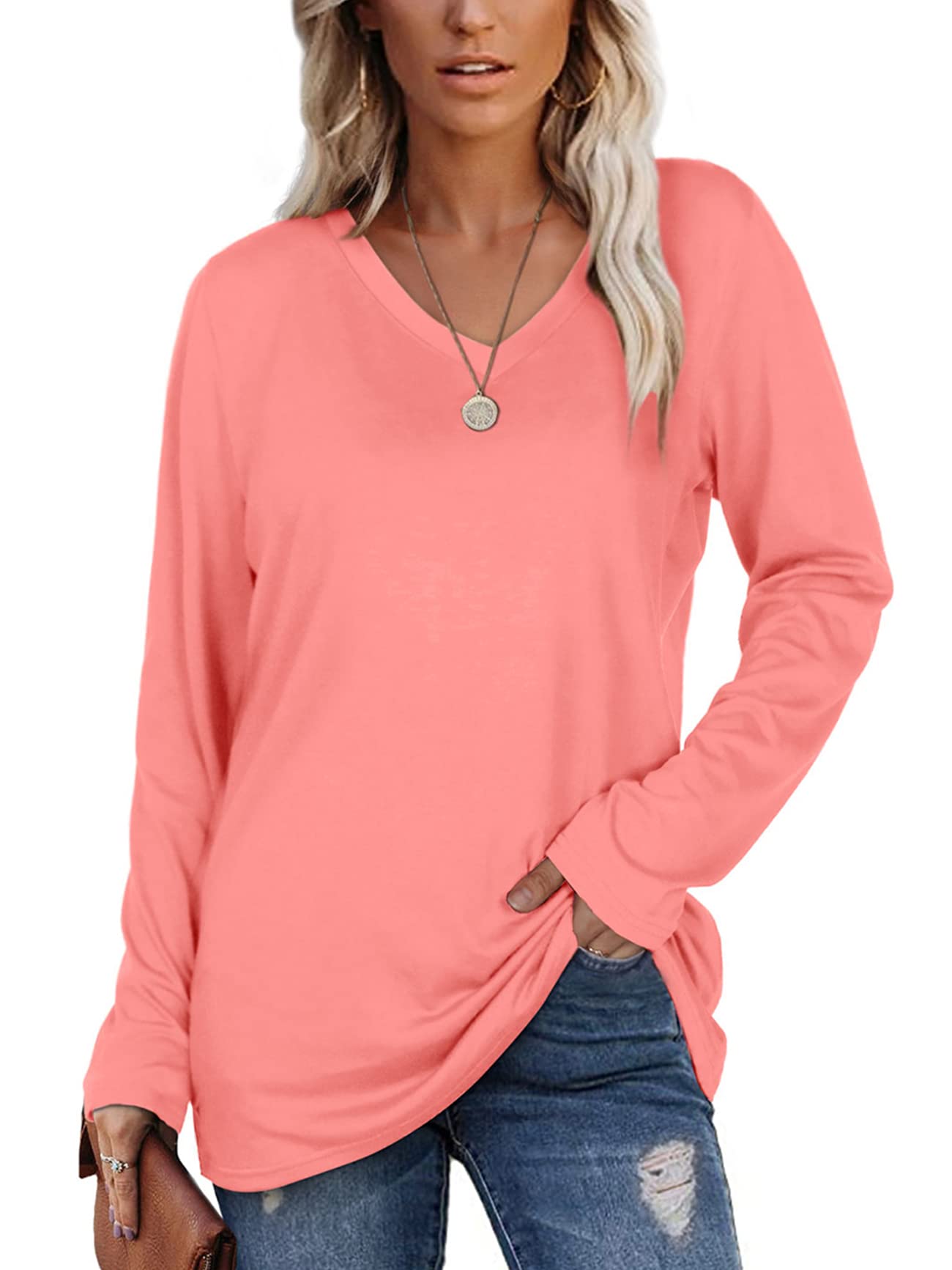 Women's V-Neck Long Sleeve T-Shirts - Spring Loose Fit Casual Top for Everyday Wear | Perfect for Work, Weekend Outings & Layering