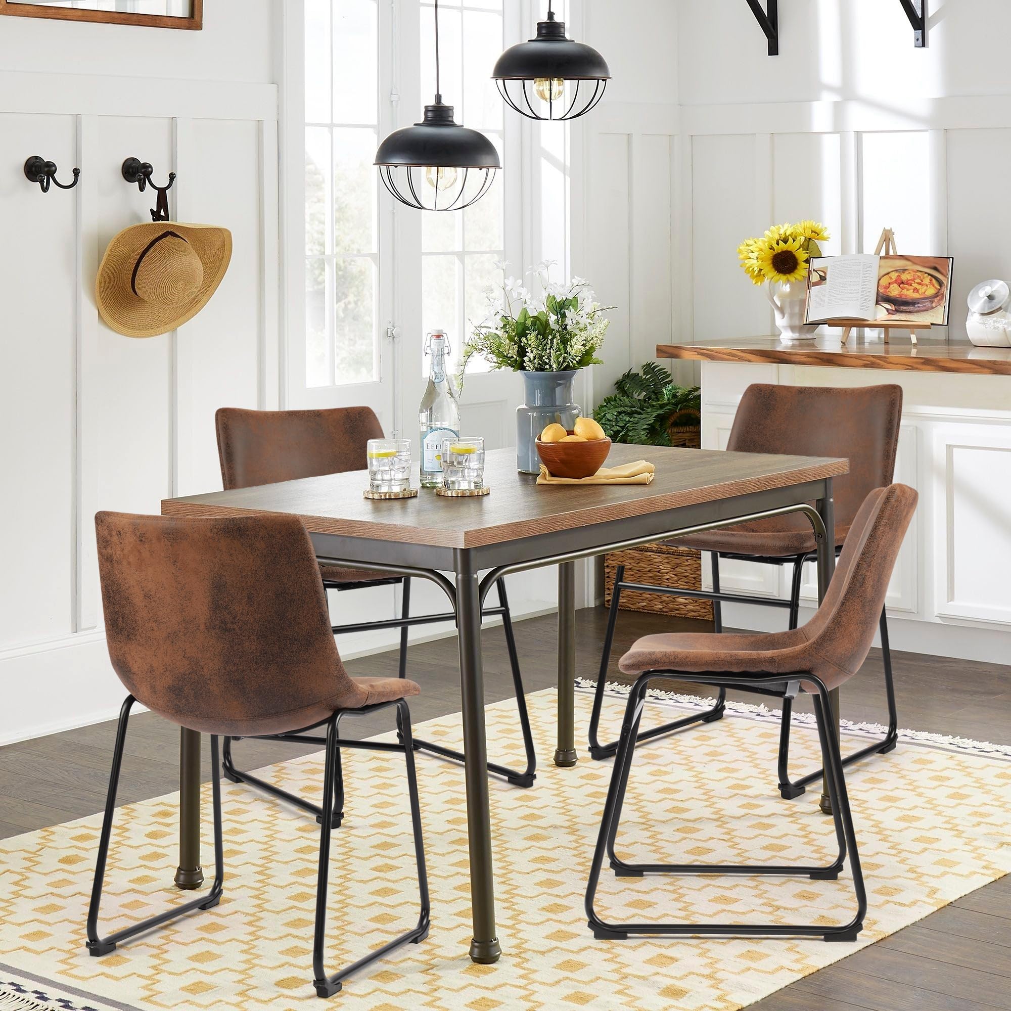 Mid Century Modern Dining Chairs Set of 2 - Dark Brown Suede Upholstered Armless Kitchen Chairs with Metal Legs - Perfect for Dining Room, Kitchen, and Small Space Decor