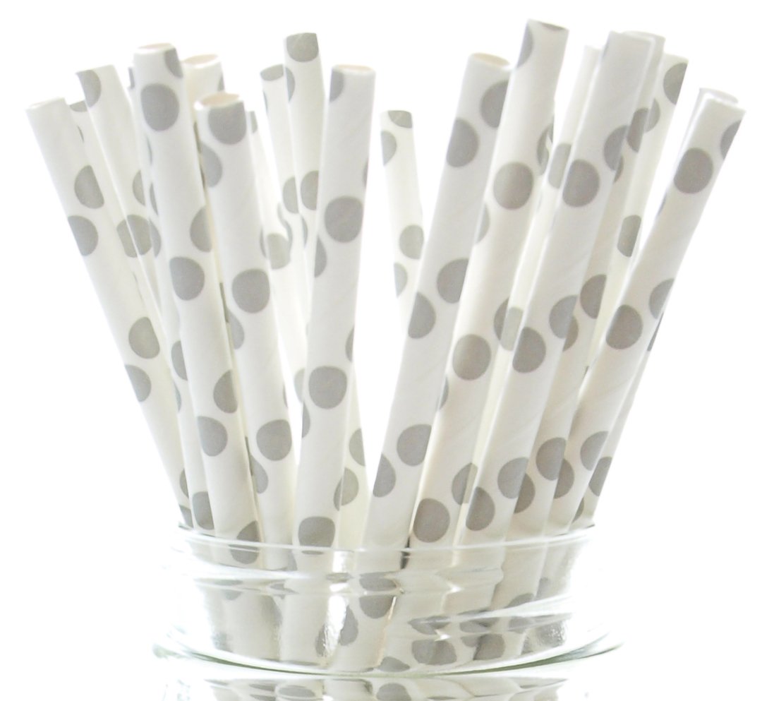Eco-Friendly Silver Drinking Straws & Paper Striped Straws - 25 Pack Wedding Drink Stirrers with Polka Dot Design - Perfect for Parties, Bubble Tea, and Special Events