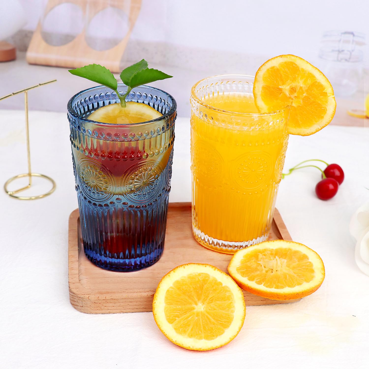 Vintage Drinking Glasses Set of 6 - 12 oz Blue Highball Glasses with Embossed Ribbed Design - Perfect for Cocktails, Water, Juice, Coffee & Whiskey - Ideal for Home Bars, Parties & Gifts