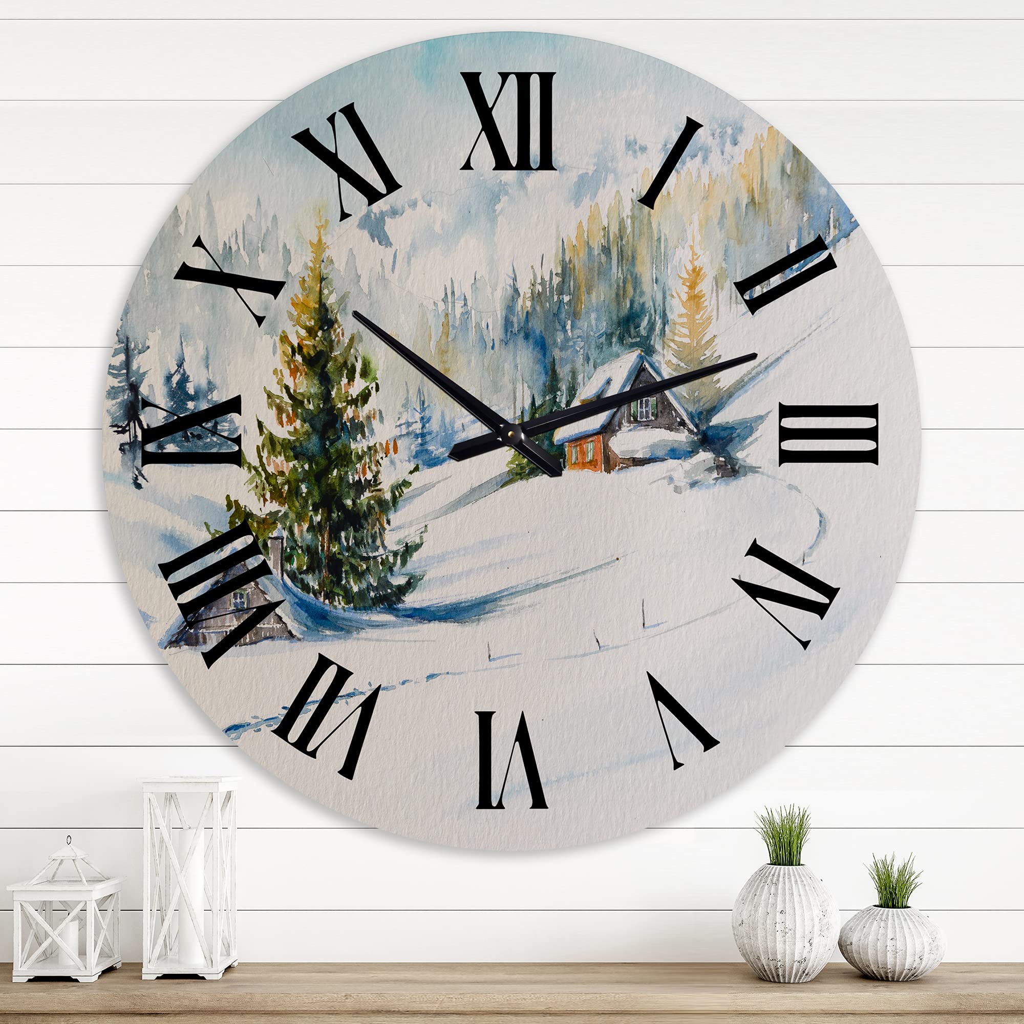 Large Traditional Wall Clock - 'Little House in The Winter Mountains' Landscape Nature Decor for Bedroom, Living Room & Office | Silent Non-Ticking Clock for Home & Office Decor