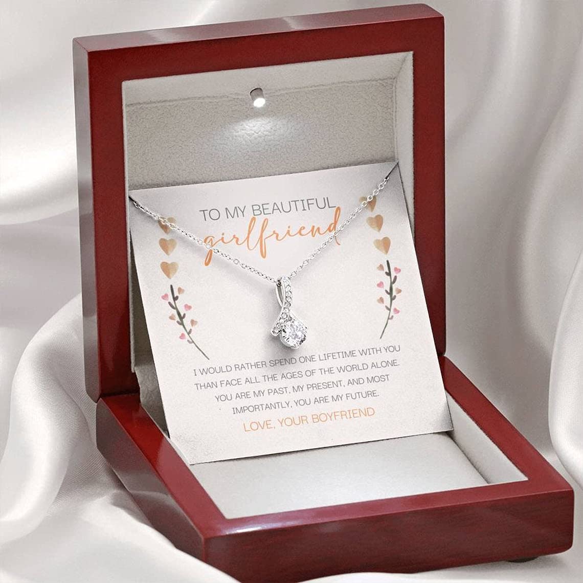 Beautiful Girlfriend Necklace - 6 Month & 1 Year Anniversary Gift from Boyfriend, White Gold Pendant Necklace for Her - Perfect Birthday, Christmas Present with Gift Box & Message Card - Romantic Jewelry for Date Nights, Valentine's Day & Special Occasions