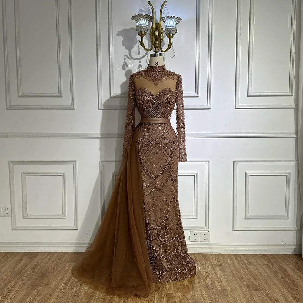 Elegant Brown Beaded Mermaid Evening Gown with Detachable Side Overskirt LA71913A - Perfect for Prom, Gala & Formal Events