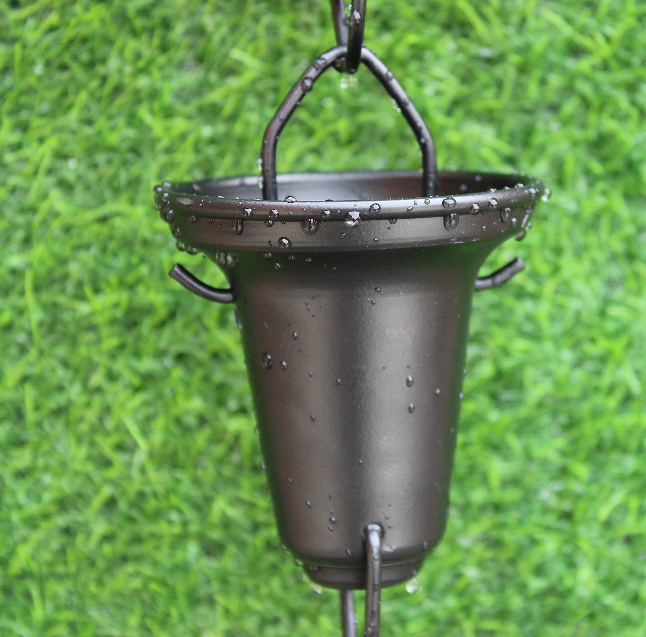 KAM Home Flared Cups Rain Chain with Brass Bolt Gutter Adapter - Black (15 Pack) - Easy Rainwater Drainage Solution for Roof Gutters & Garden Decor