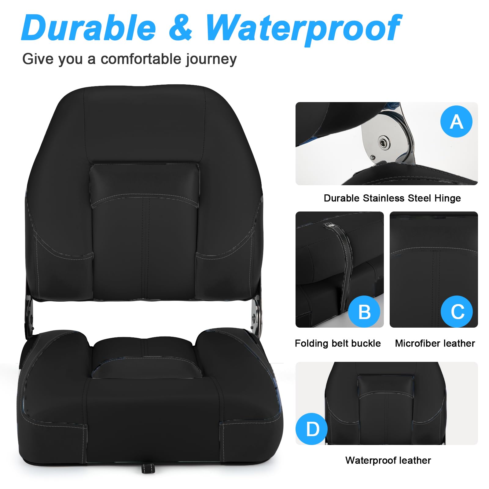 2 Pack Low Back Folding Boat Seats - Waterproof Microfiber Leather Fishing Chairs with Stainless Steel Hinges & Screws (Black) - Perfect for Fishing Boats, Yachts, and Marine Use