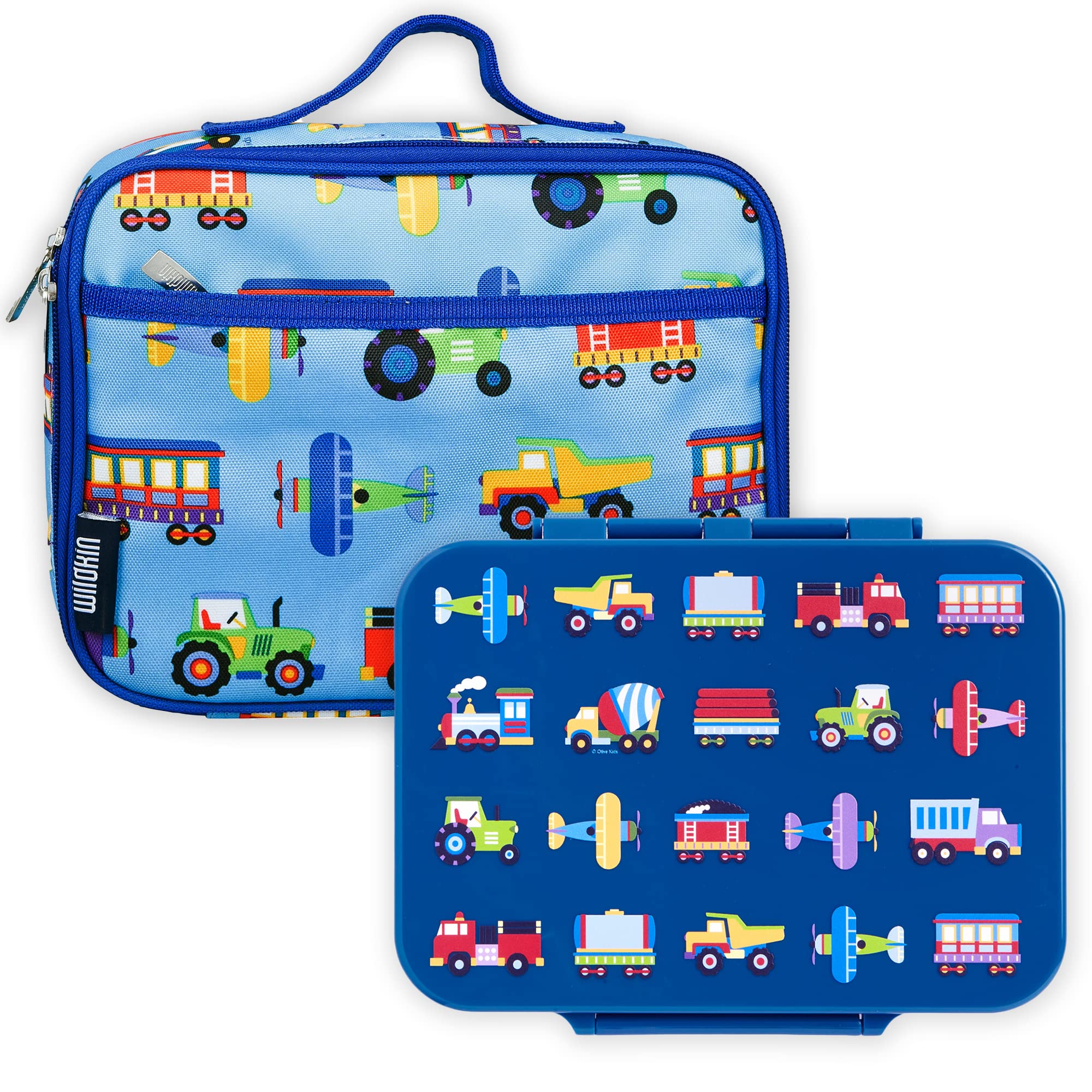 Wildkin Kids Lunch Box Bag Bundle with Bento Box - Trains, Planes, and Trucks Design | Insulated Lunch Bag for School, Picnic, and Travel | Perfect for Boys and Girls