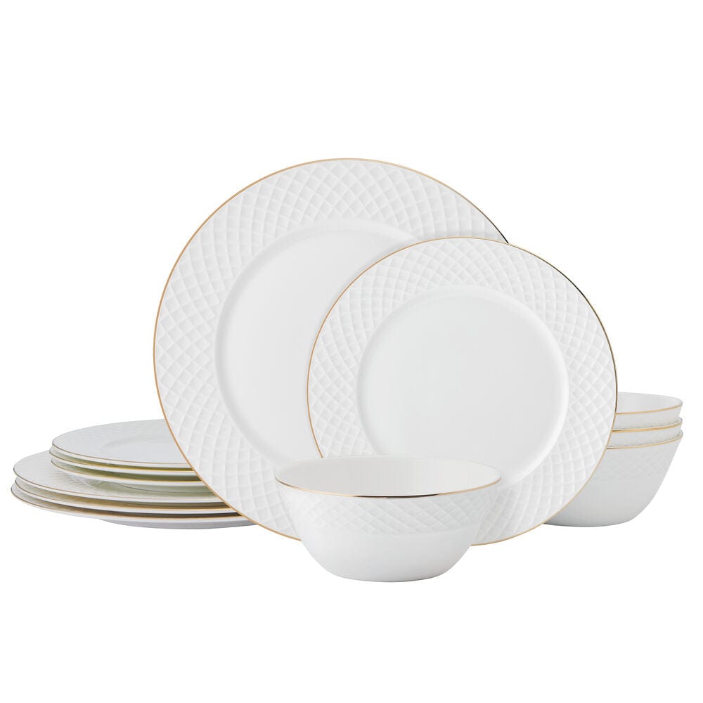 Trellis Gold 12-Piece Dinnerware Set - Service for 4 - Elegant Tableware for Fine Dining, Dinner Parties & Special Occasions