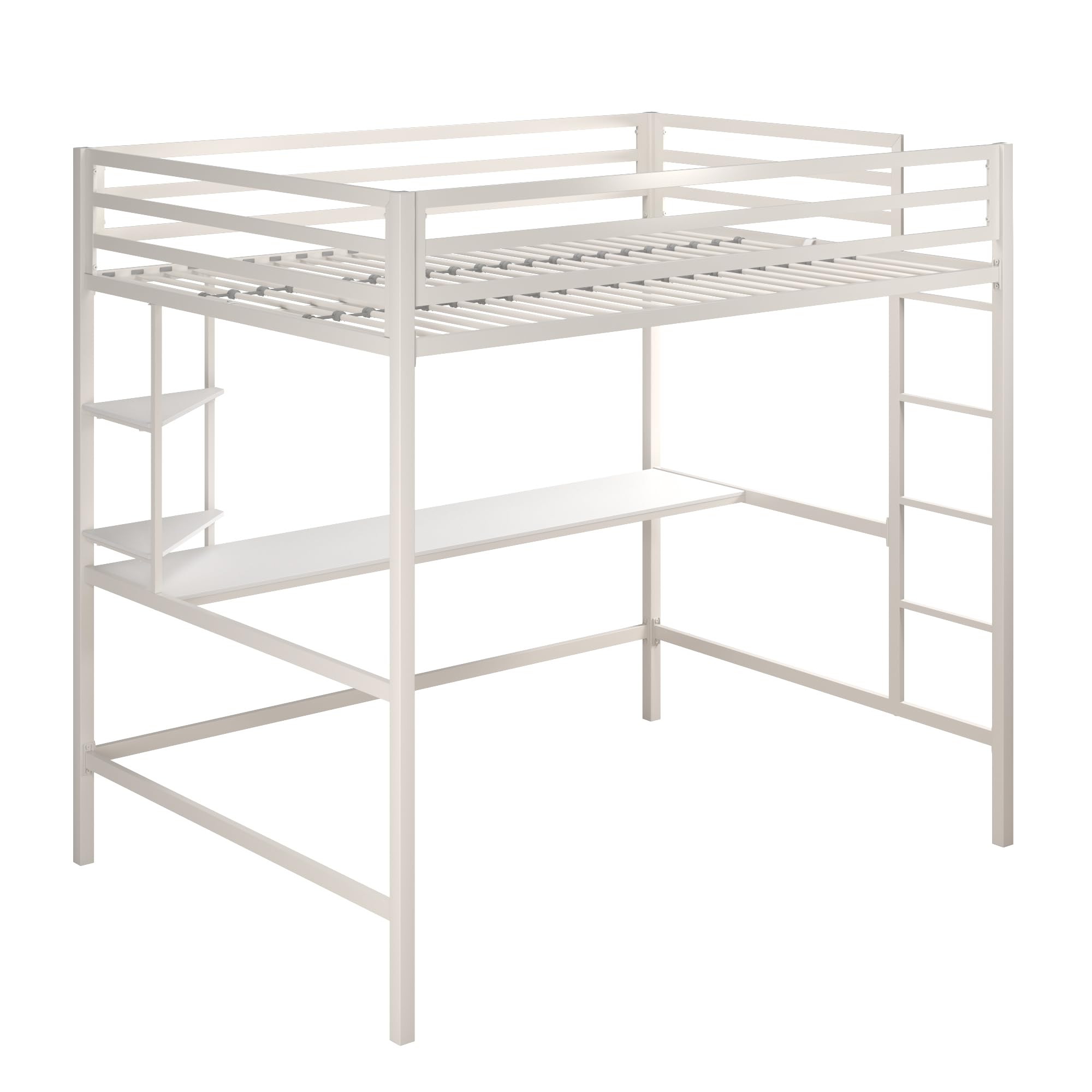 Novogratz Maxwell Metal Full Loft Bed with Desk & Shelves, Off White - Space-Saving Study & Sleep Solution for Small Rooms, Dorms & Apartments