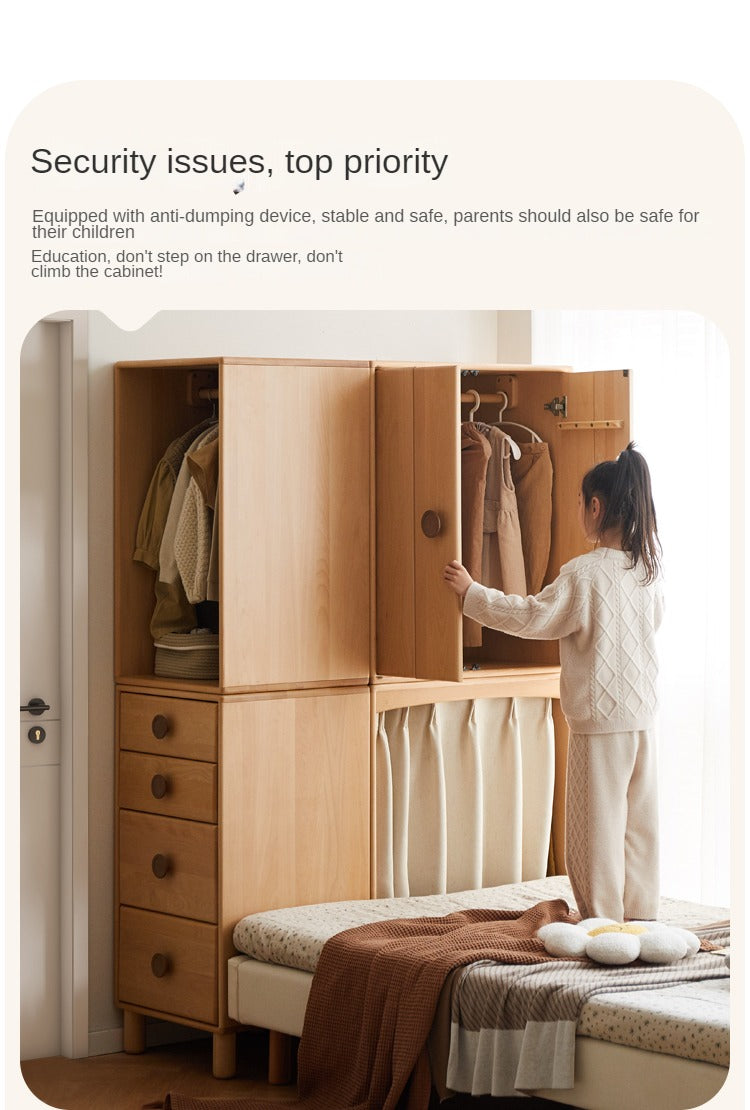 Solid Wood Beech & Rubber Kids Wardrobe - Multi-Functional Storage Cabinet for Bedroom, Nursery, and Playroom Organization